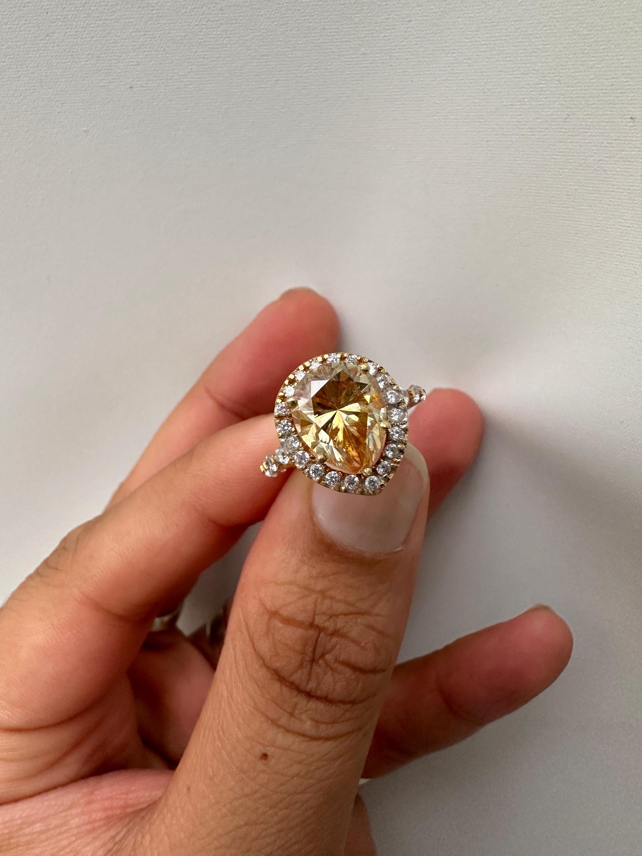 4 CT Yellow Moissanite Engagement Ring, 14k Gold Vermeil Halo Statement Ring for gift