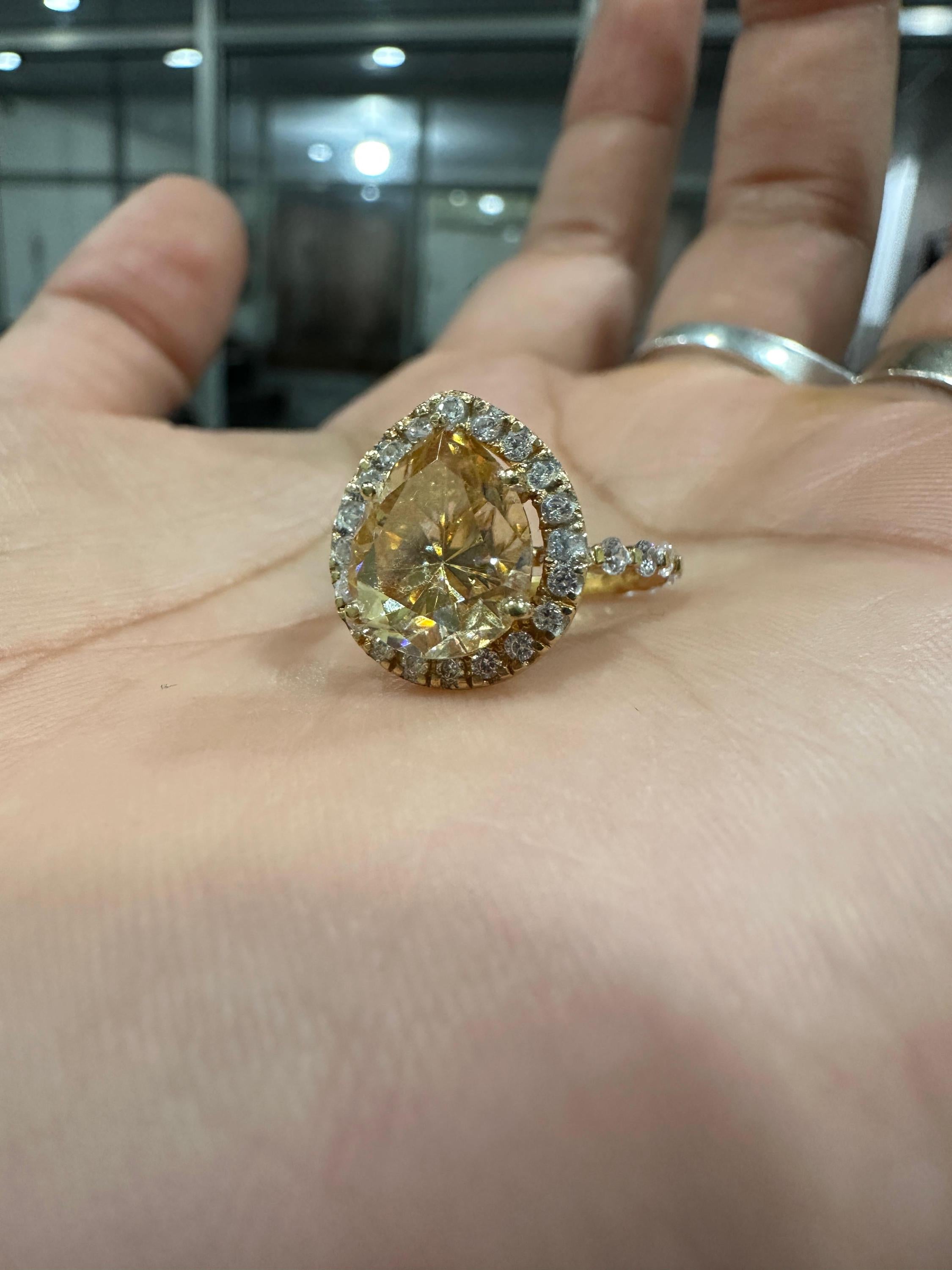 4 CT Yellow Moissanite Engagement Ring, 14k Gold Vermeil Halo Statement Ring for gift