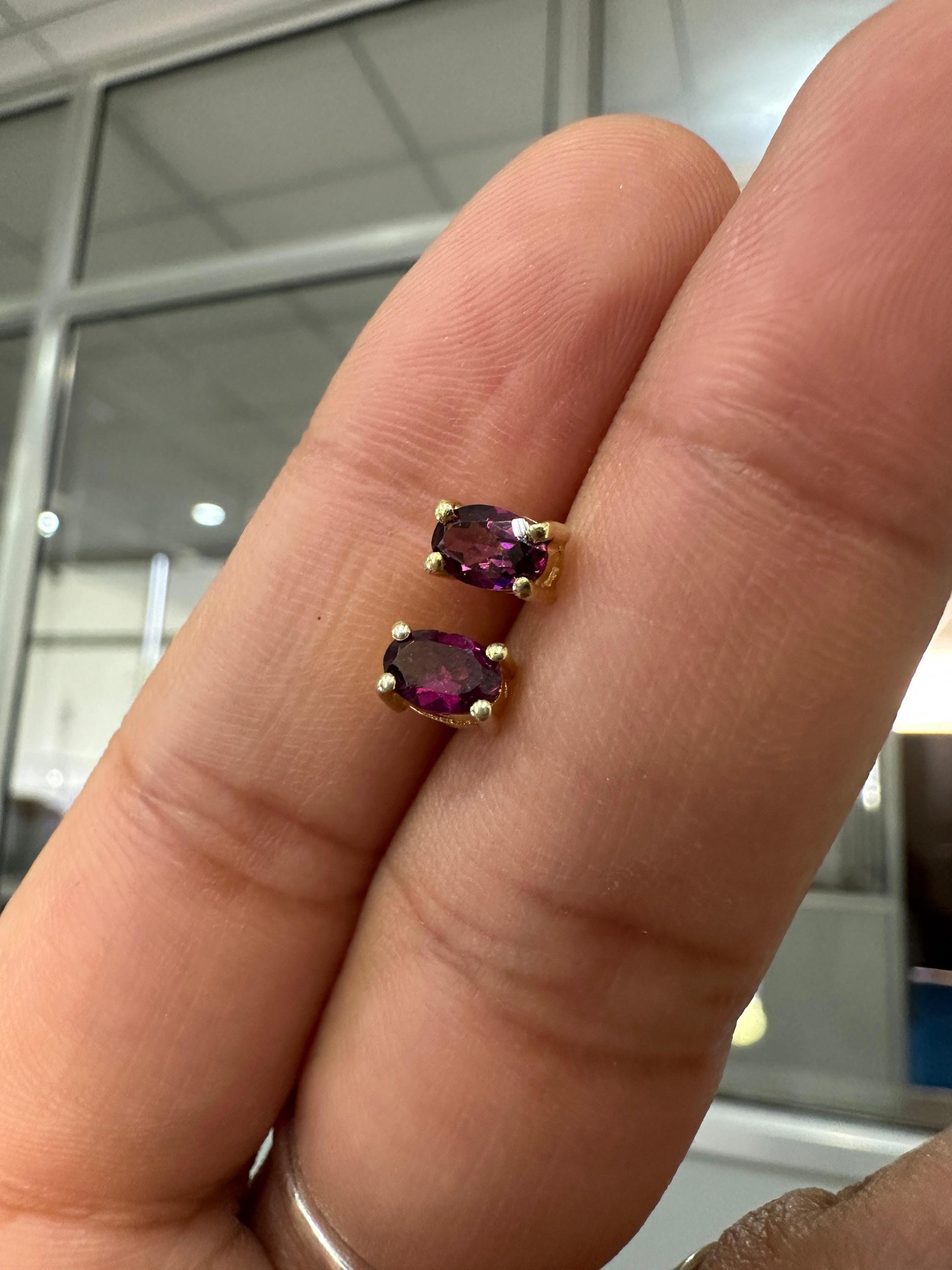Rhodolite Garnet Oval Stud Earrings | 14K Yellow Gold, 1 CT Red Gemstone Minimalist Jewelry