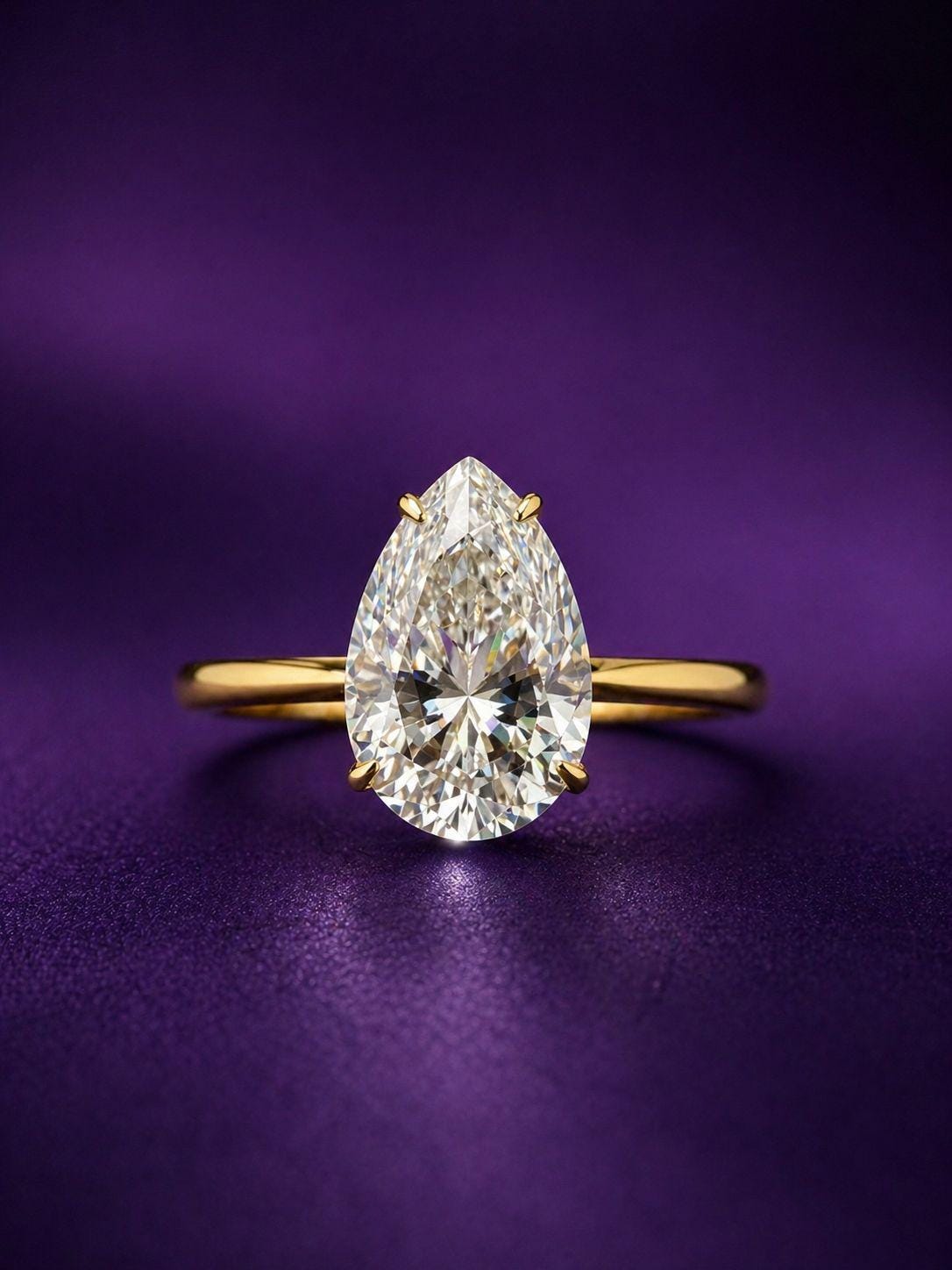 6 Carat Pear Moissanite Engagement Ring | 14K Yellow Gold Solitaire with Hidden Halo