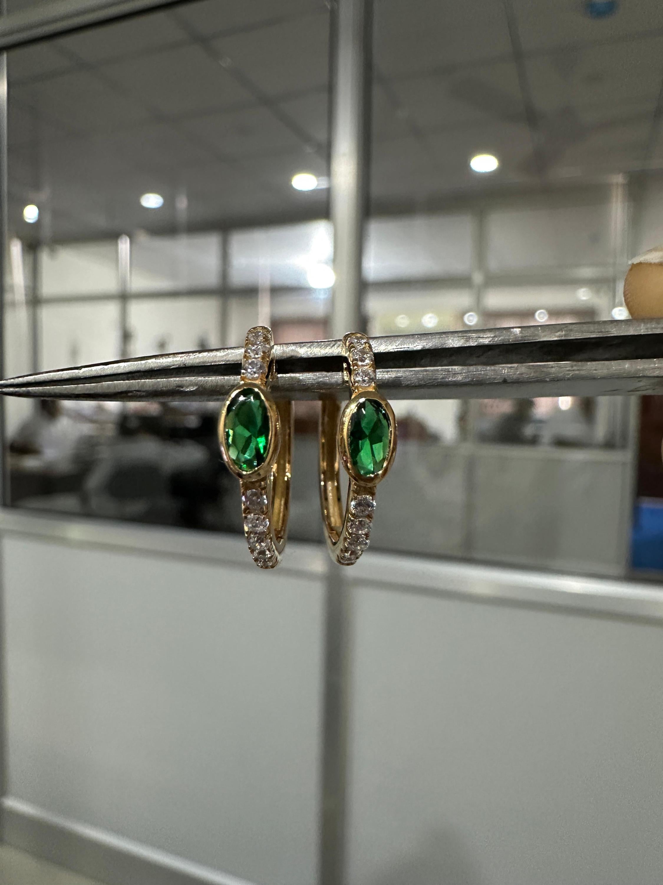 Lab Zambian Emerald Hoop Earrings | 14K Yellow Gold Oval Diamond Huggie May Birthstone