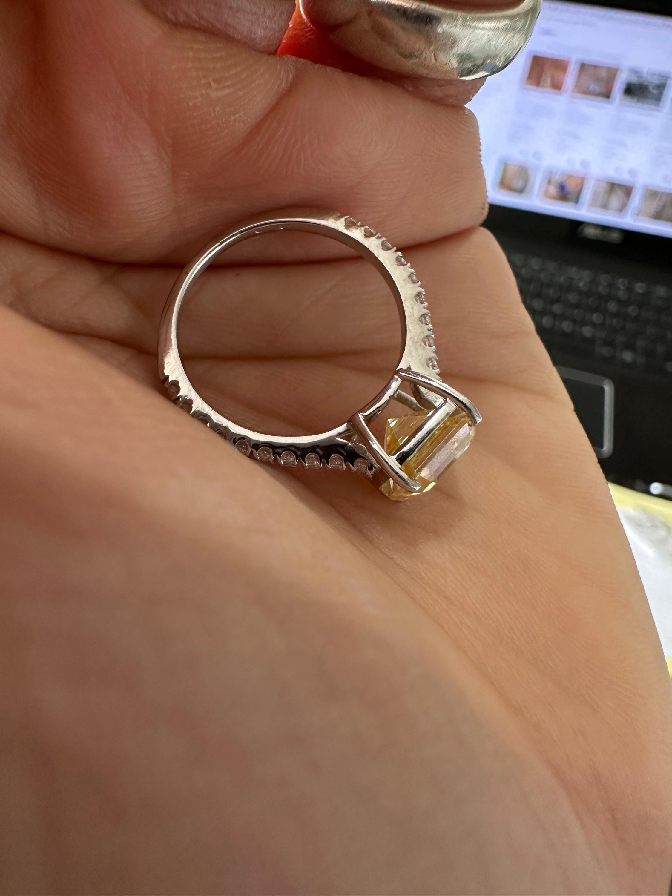 3 CT Asscher Cut Yellow Diamond Engagement Ring | 14k White Gold Vintage Ring