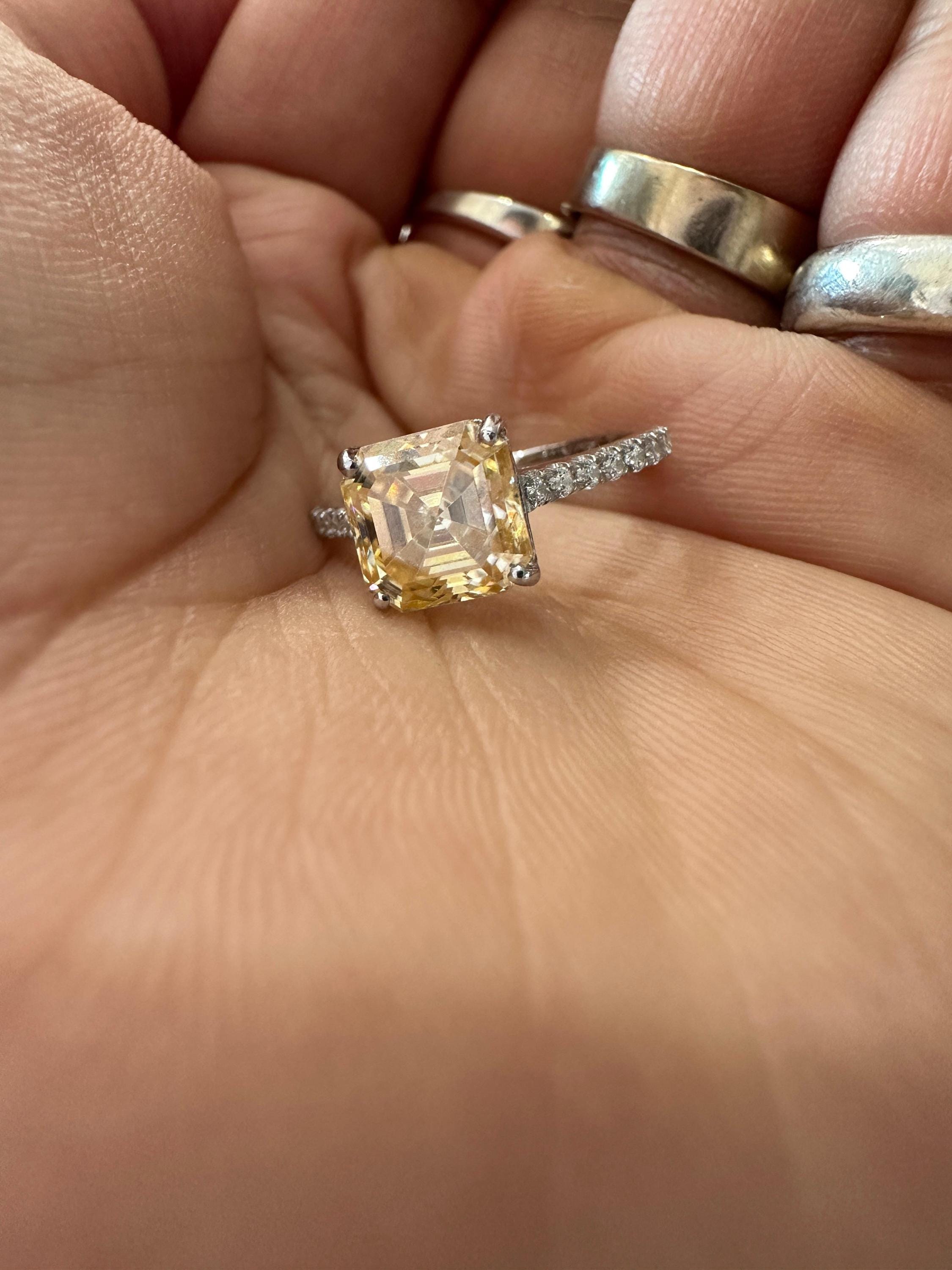 3 CT Asscher Cut Yellow Diamond Engagement Ring | 14k White Gold Vintage Ring