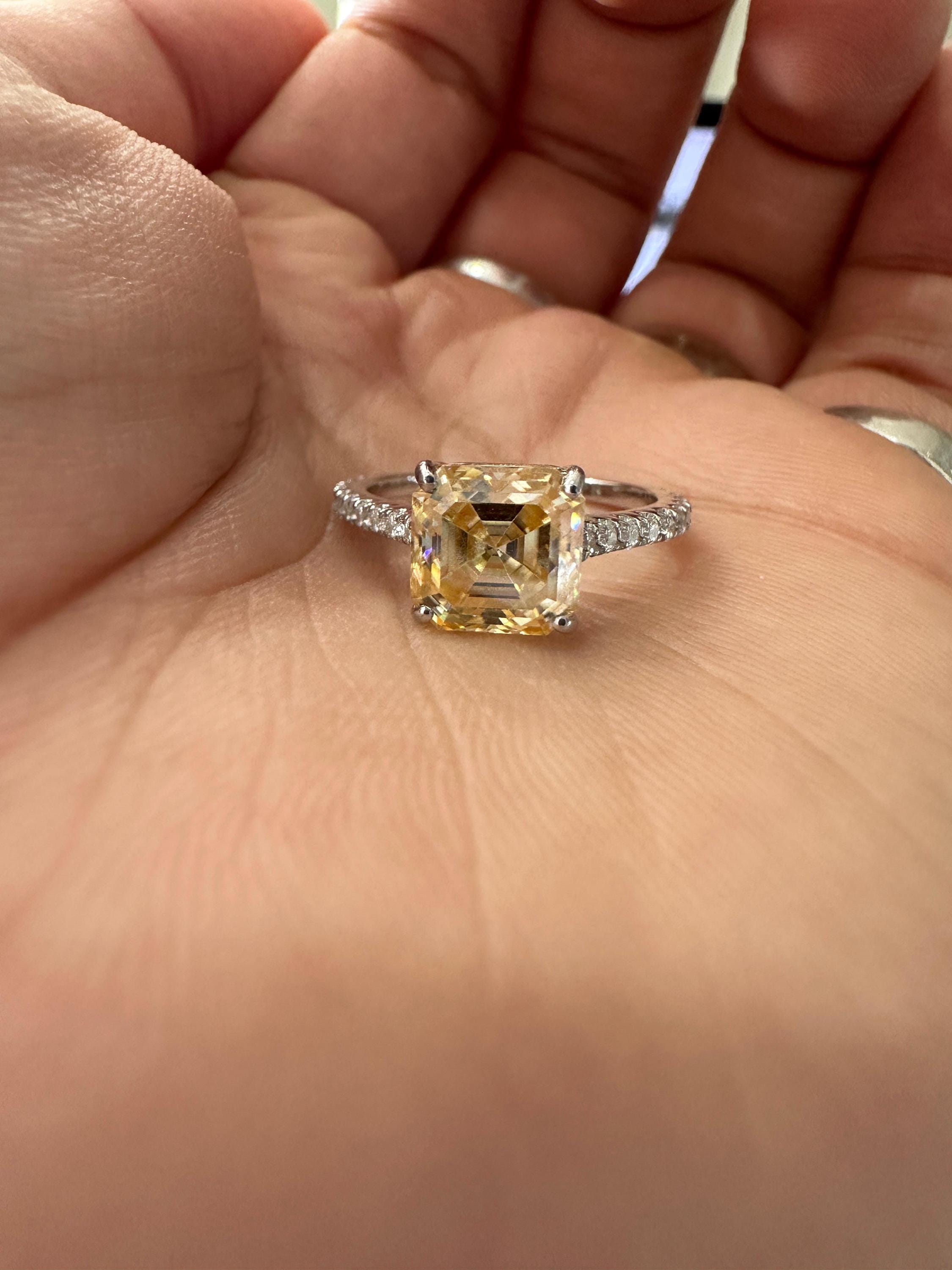 3 CT Asscher Cut Yellow Diamond Engagement Ring | 14k White Gold Vintage Ring