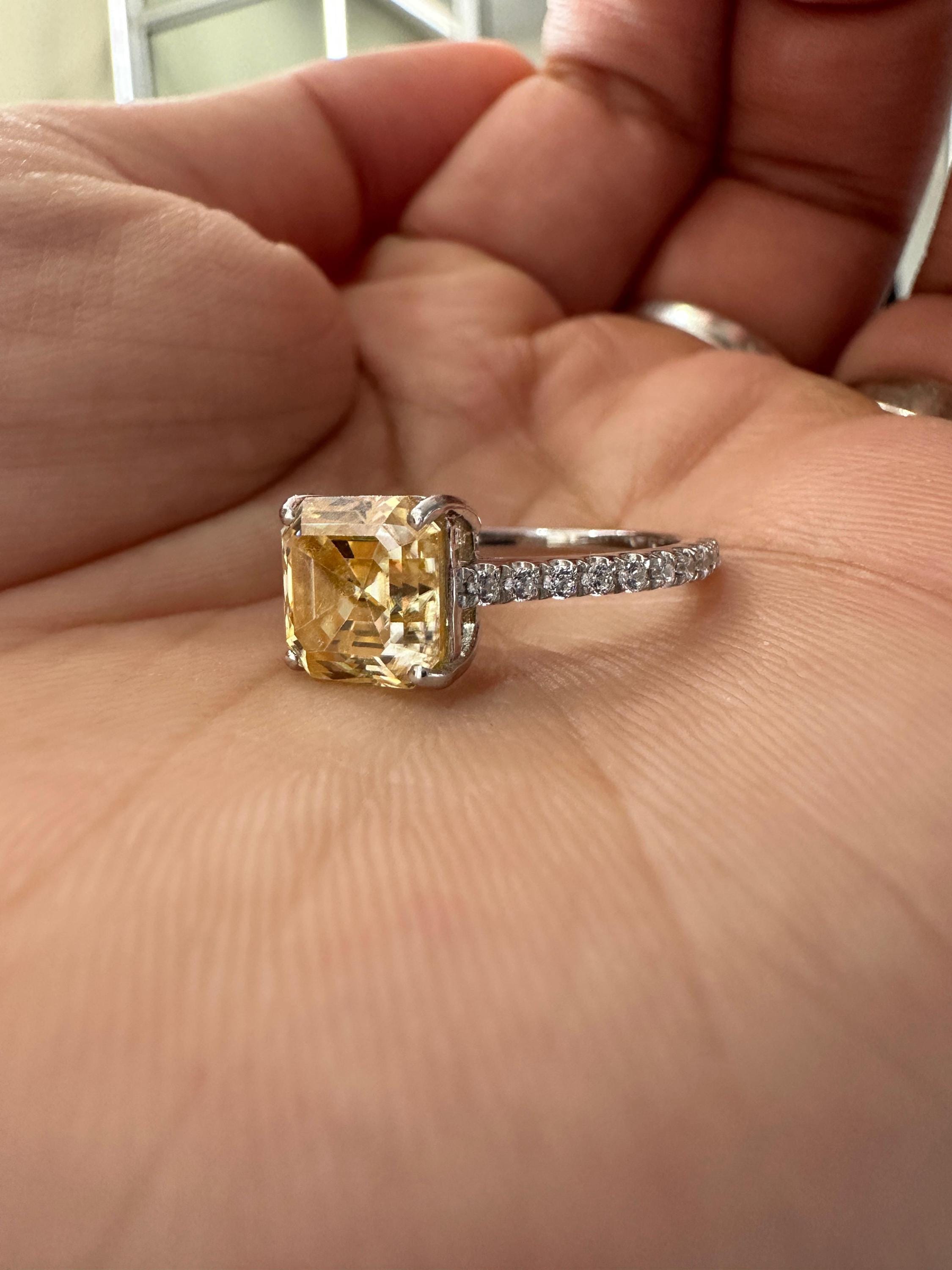 3 CT Asscher Cut Yellow Diamond Engagement Ring | 14k White Gold Vintage Ring