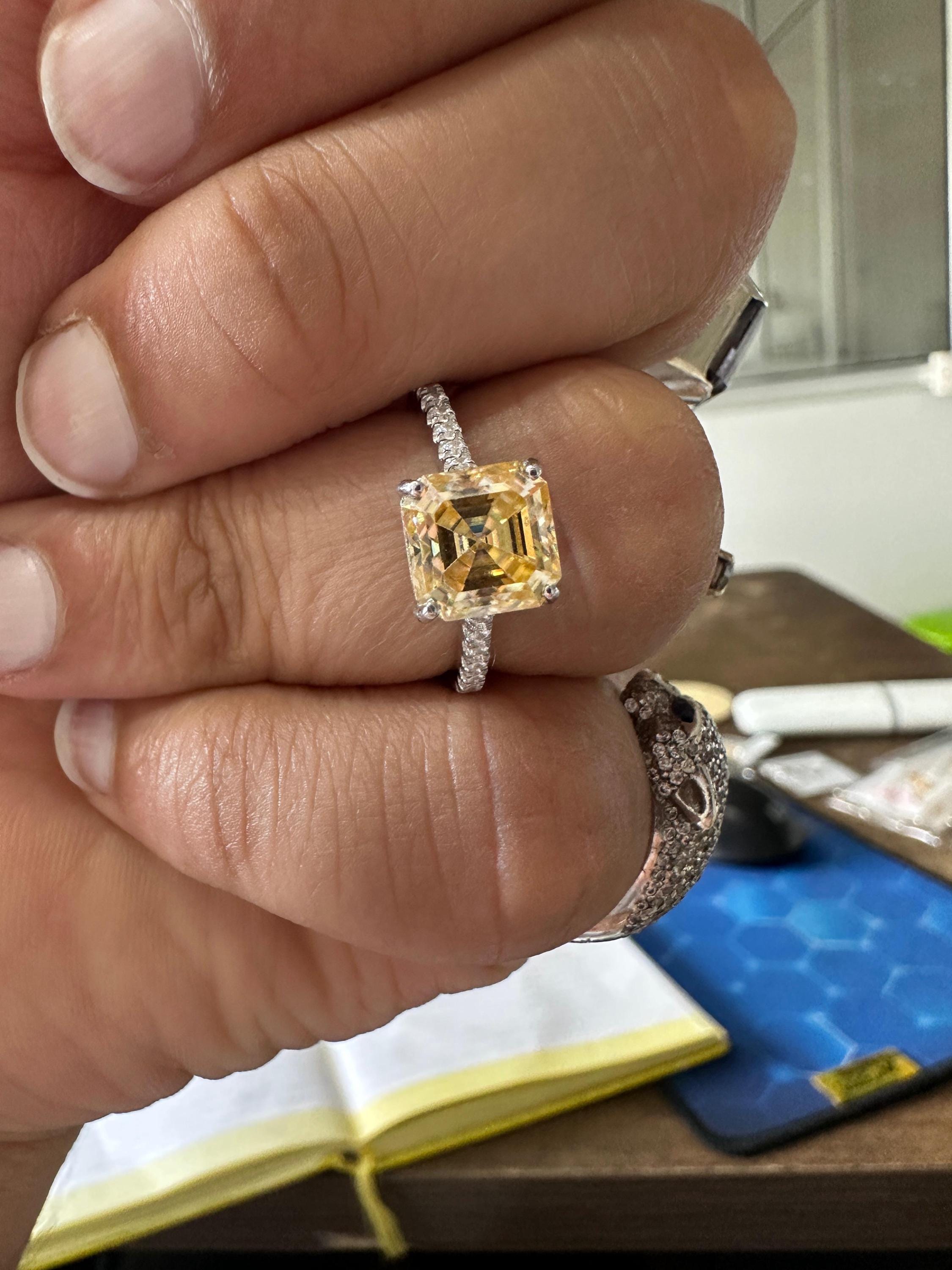 3 CT Asscher Cut Yellow Diamond Engagement Ring | 14k White Gold Vintage Ring