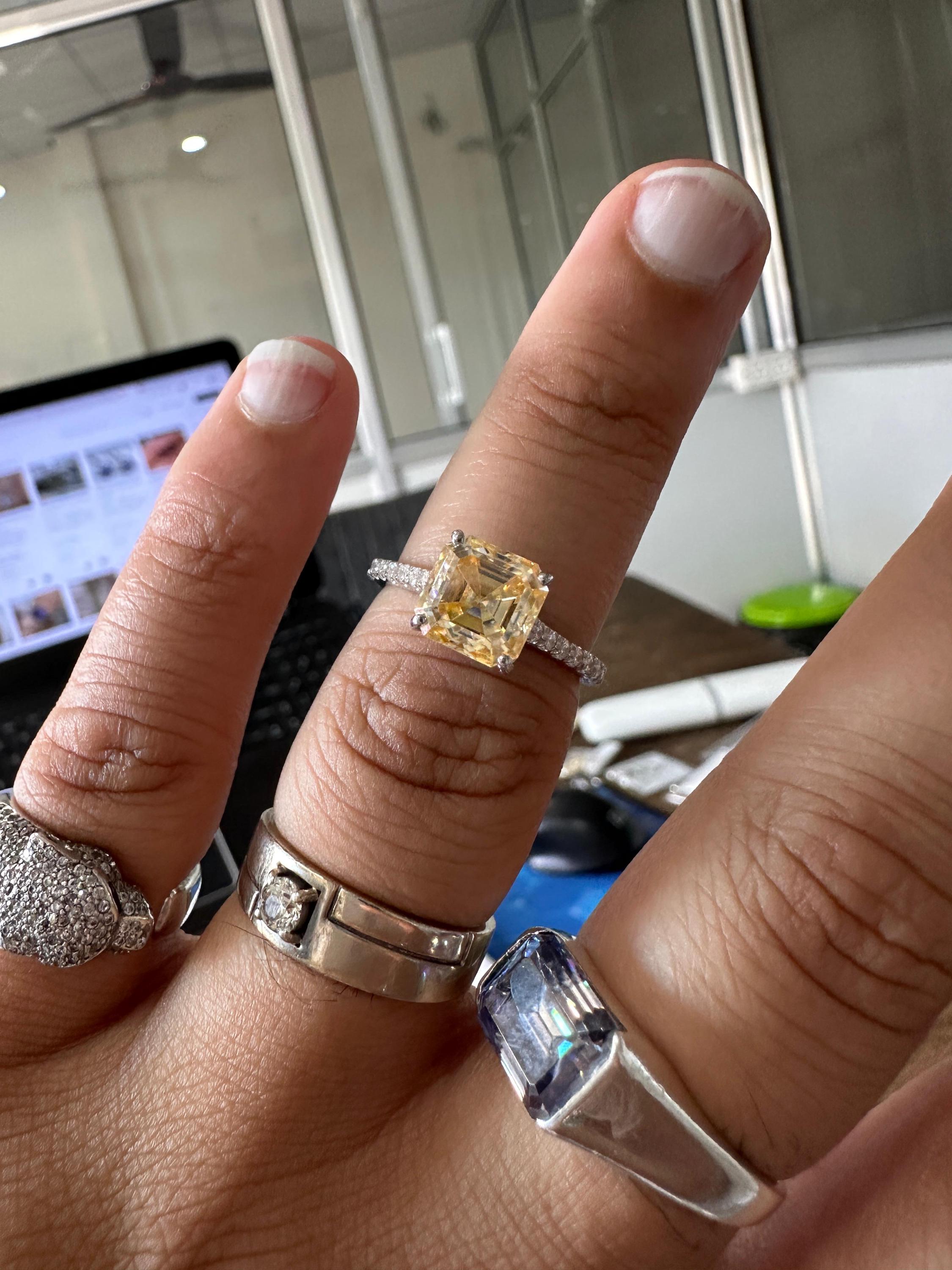 3 CT Asscher Cut Yellow Diamond Engagement Ring | 14k White Gold Vintage Ring