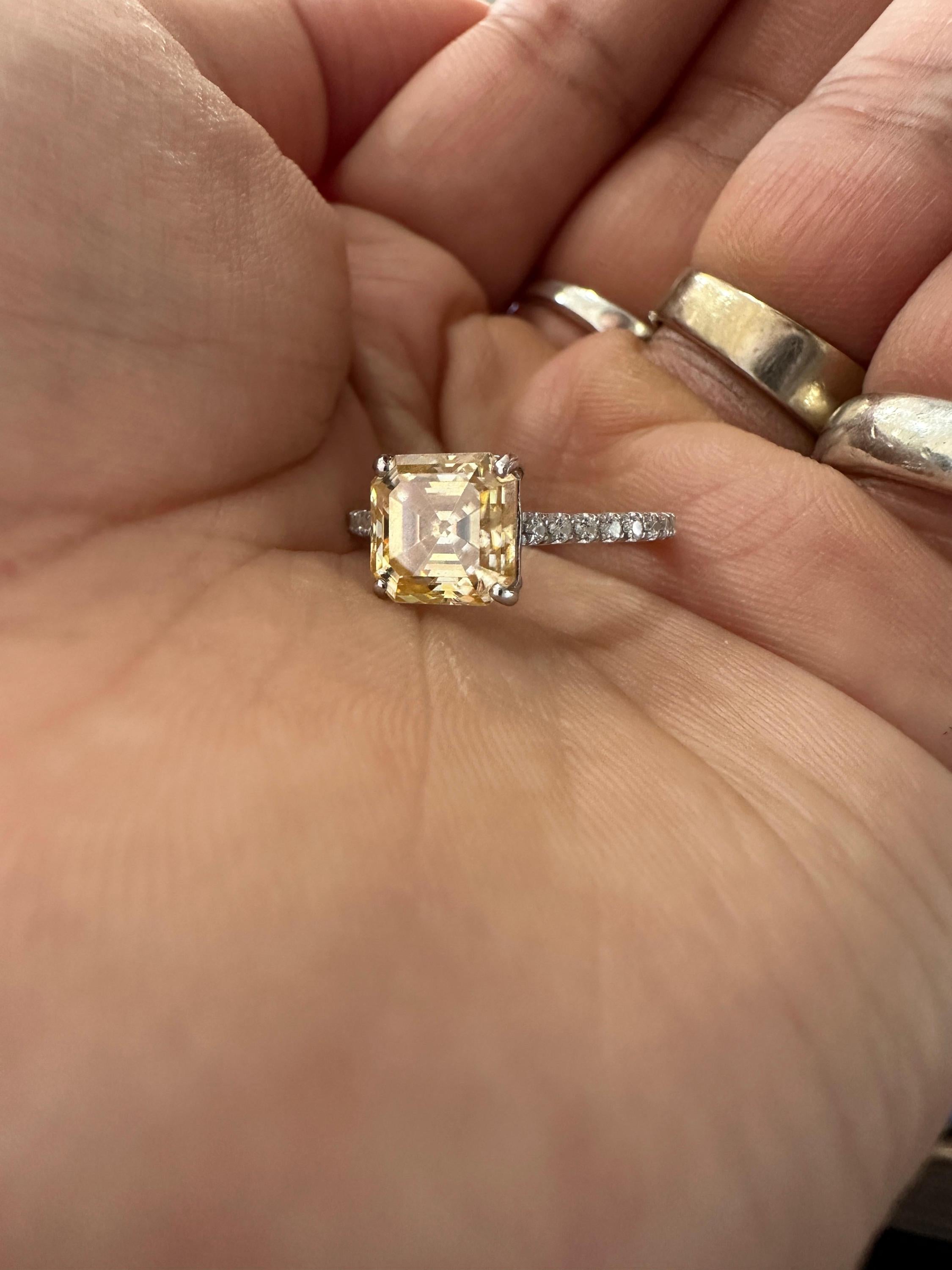 3 CT Asscher Cut Yellow Diamond Engagement Ring | 14k White Gold Vintage Ring