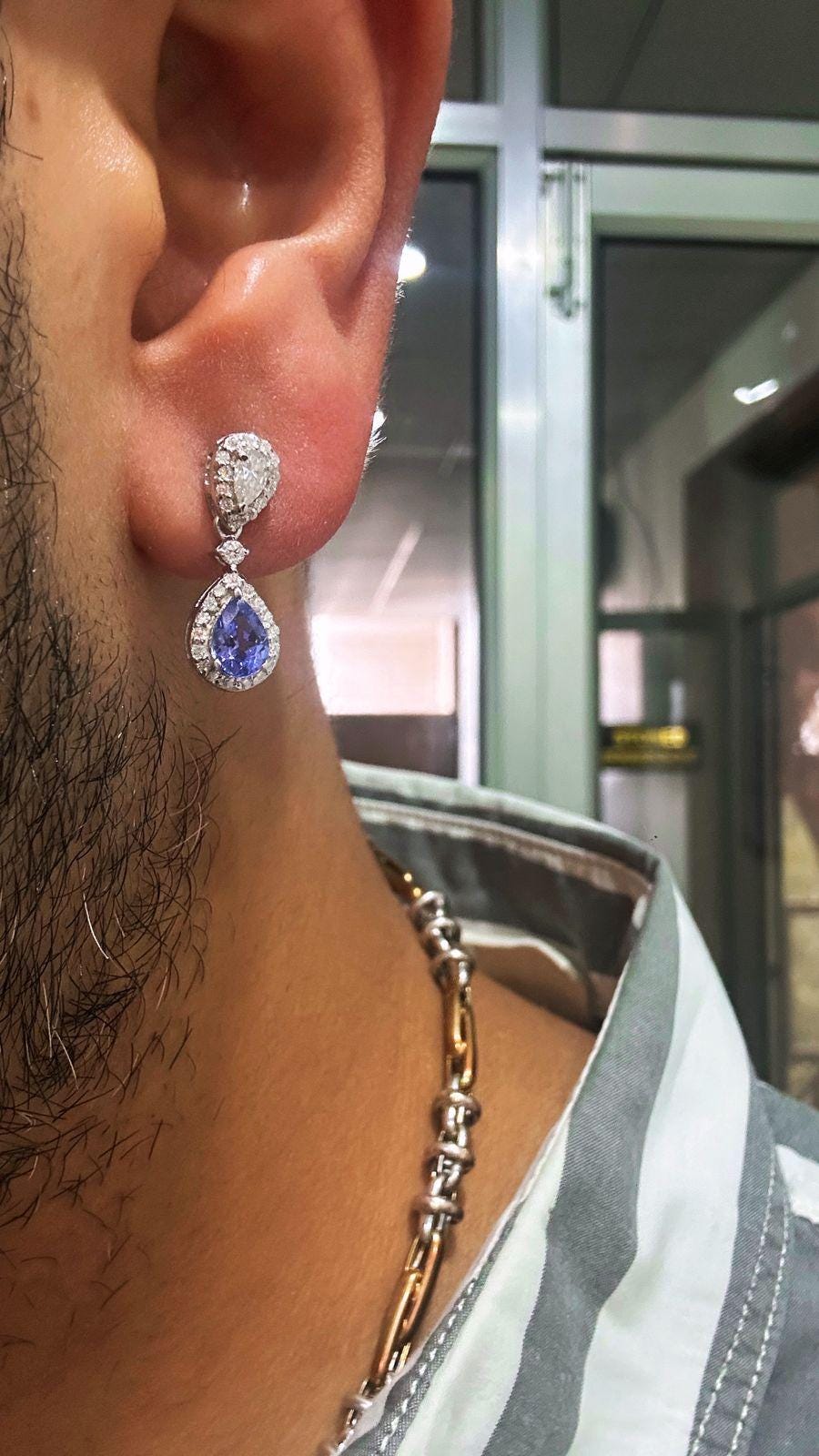 Natural Tanzanite Halo Drop Earrings, 14K White Gold, Pear Cut Moissanite Bridal Jewelry