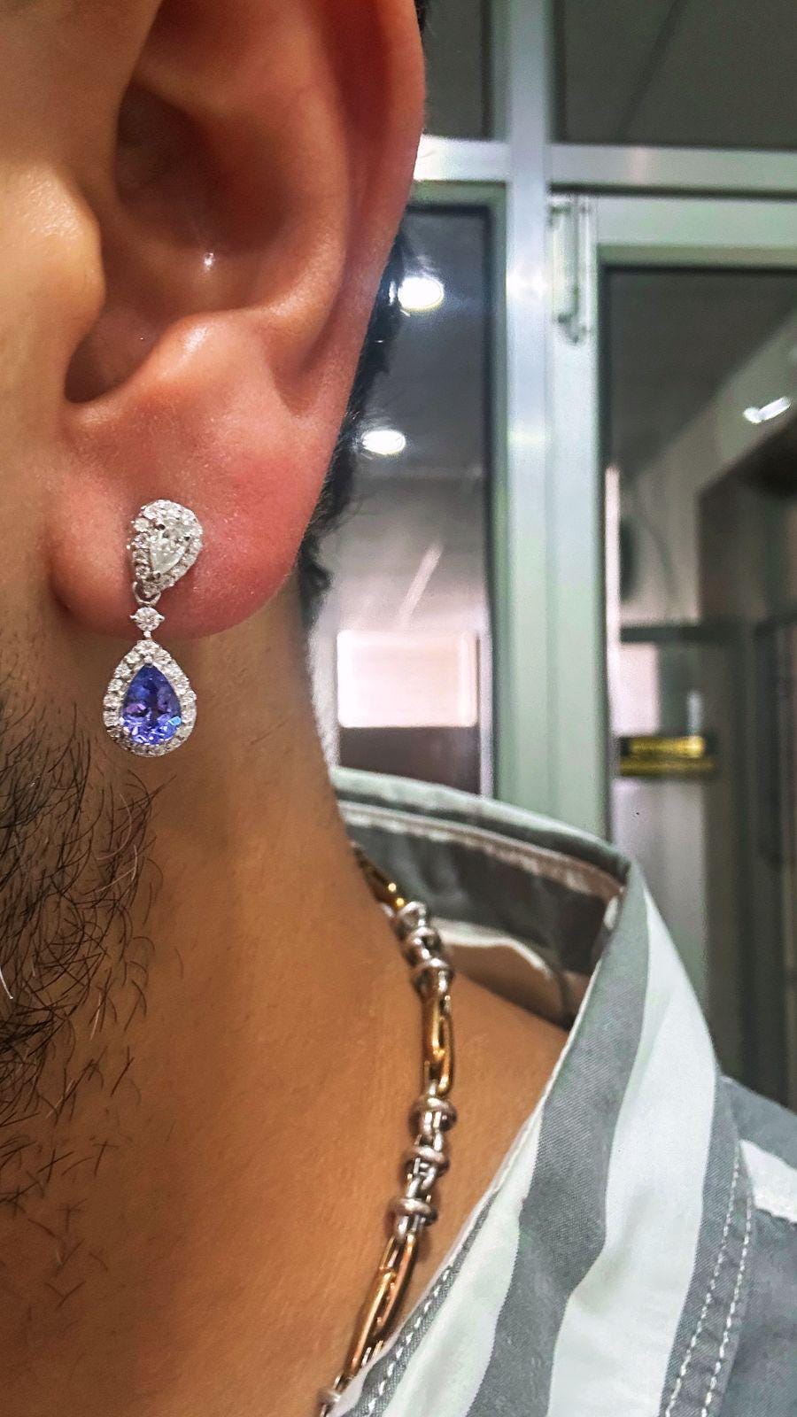 Natural Tanzanite Halo Drop Earrings, 14K White Gold, Pear Cut Moissanite Bridal Jewelry