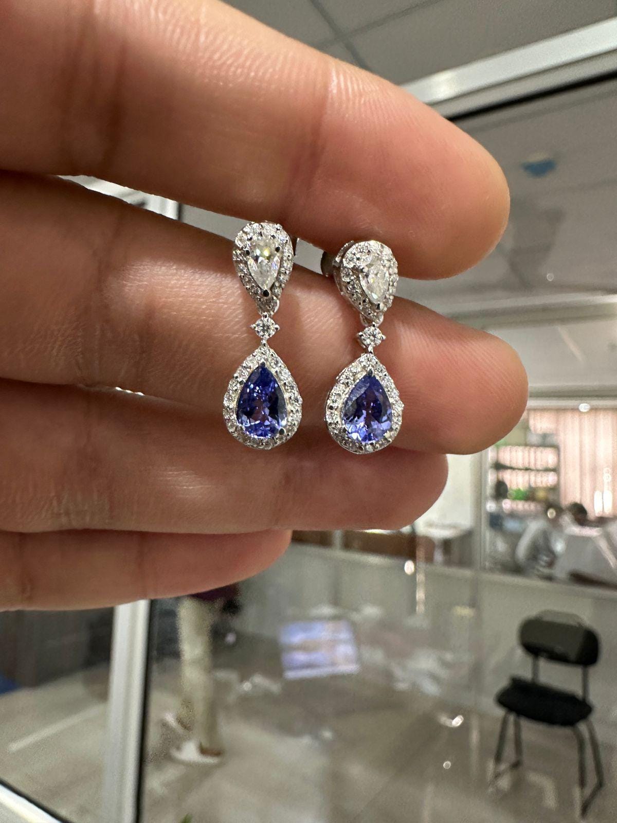 Natural Tanzanite Halo Drop Earrings, 14K White Gold, Pear Cut Moissanite Bridal Jewelry
