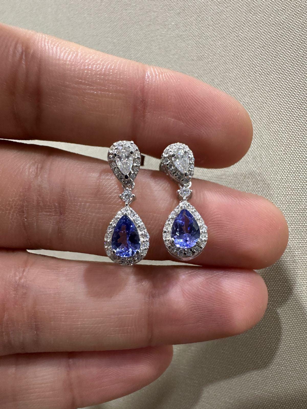 Natural Tanzanite Halo Drop Earrings, 14K White Gold, Pear Cut Moissanite Bridal Jewelry