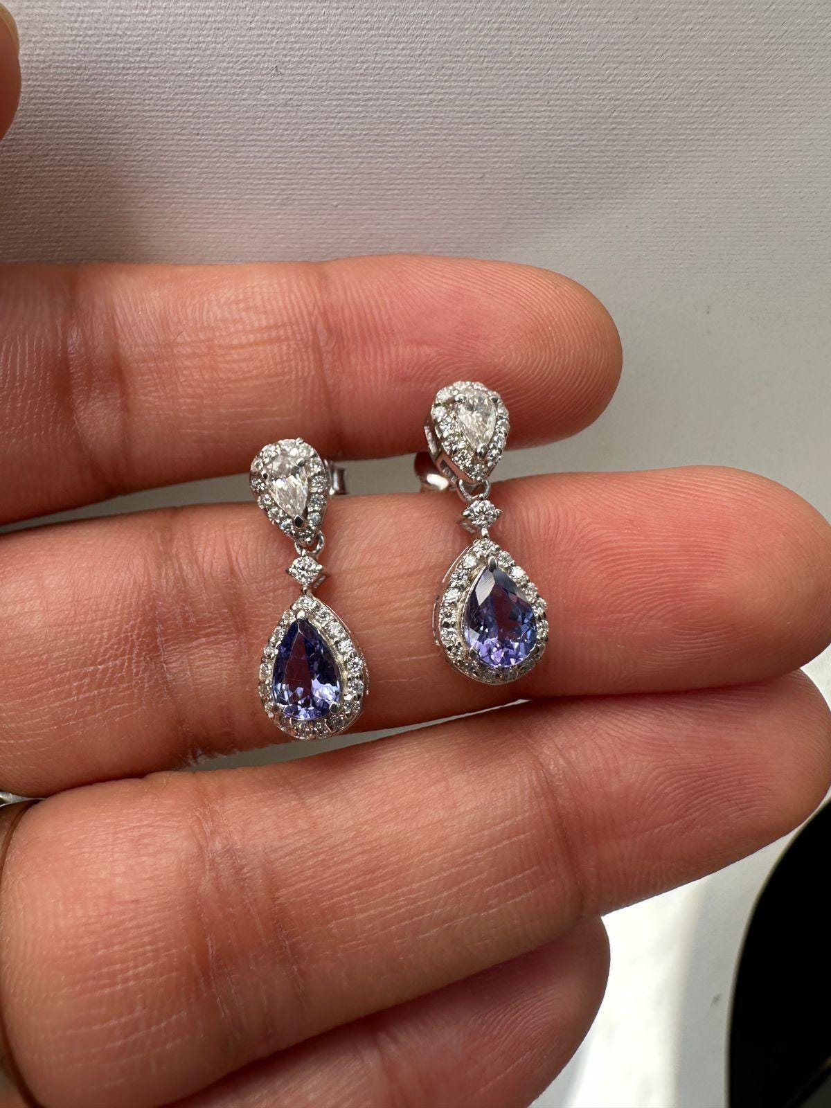 Natural Tanzanite Halo Drop Earrings, 14K White Gold, Pear Cut Moissanite Bridal Jewelry