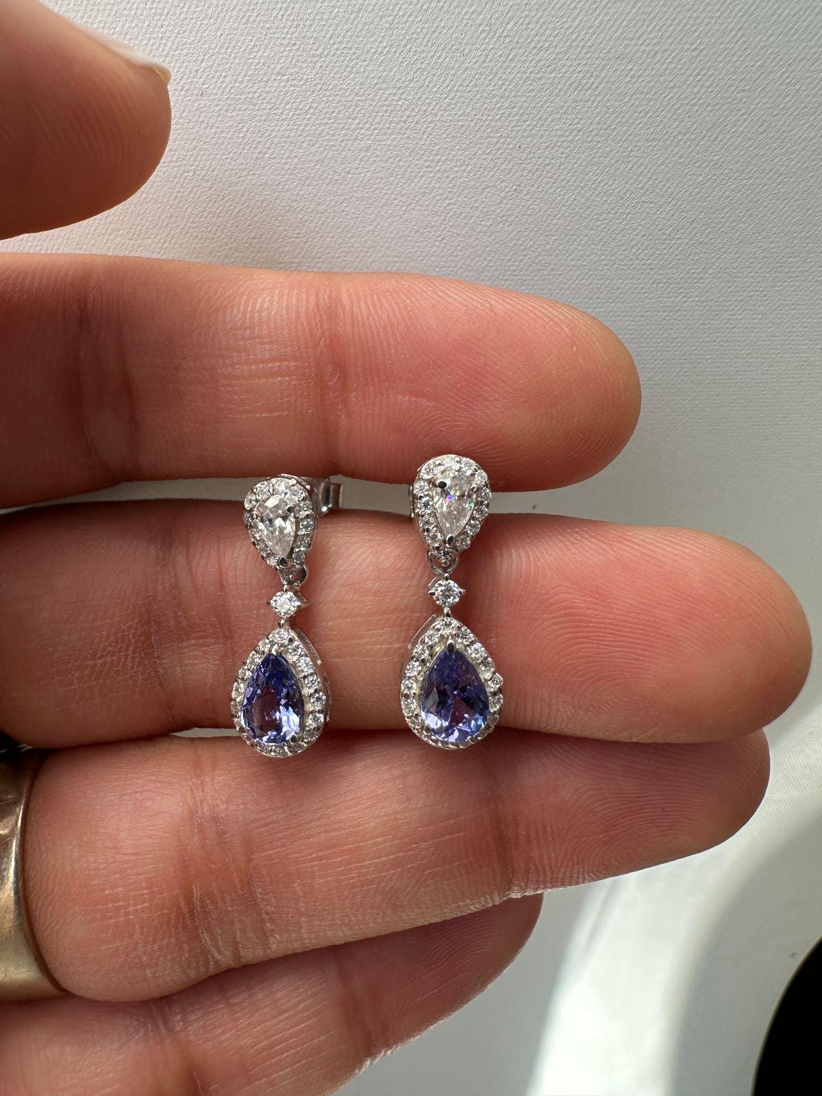 Natural Tanzanite Halo Drop Earrings, 14K White Gold, Pear Cut Moissanite Bridal Jewelry