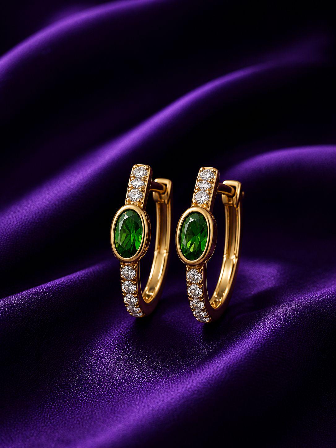 Lab Zambian Emerald Hoop Earrings | 14K Yellow Gold Oval Diamond Huggie May Birthstone