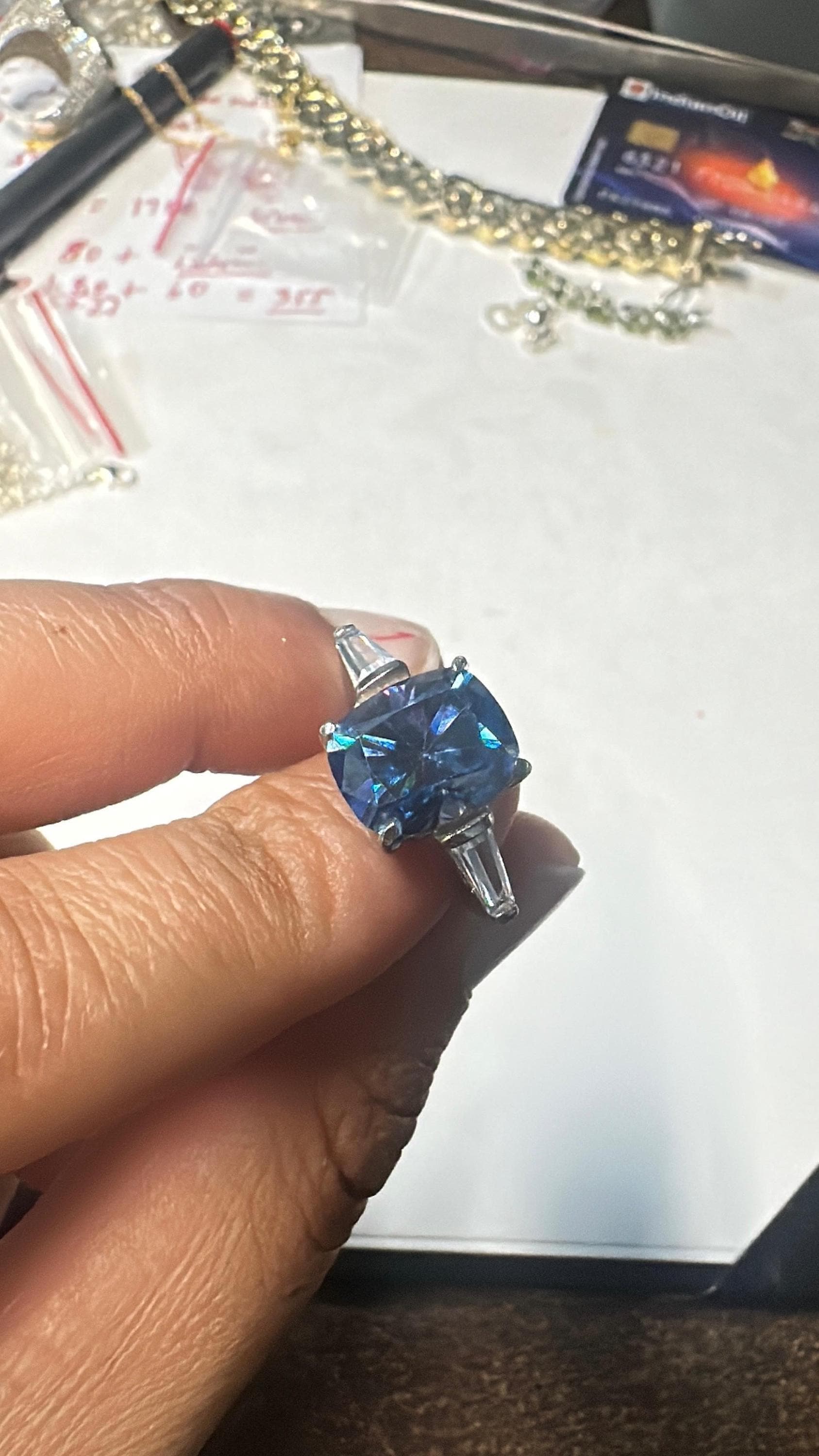 4 CT Blue Moissanite Engagement Ring | 925 Sterling Silver Three Stone Ring