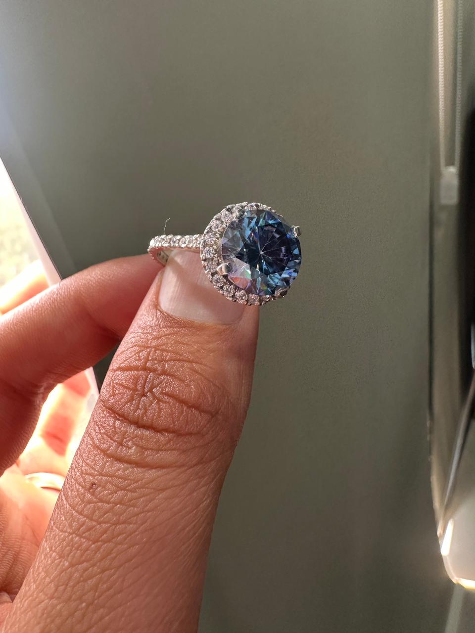 4 CT Blue Alexandrite Moissanite Engagement Ring | 14K White Gold Halo, Pave Band