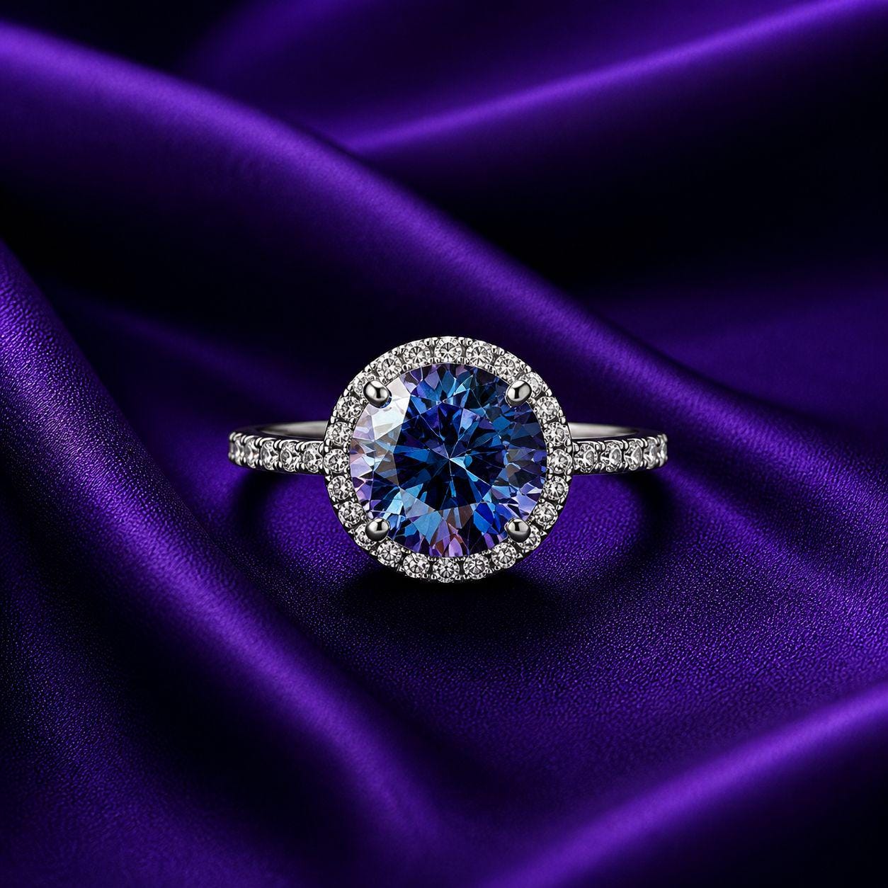 4 CT Blue Alexandrite Moissanite Engagement Ring | 14K White Gold Halo, Pave Band