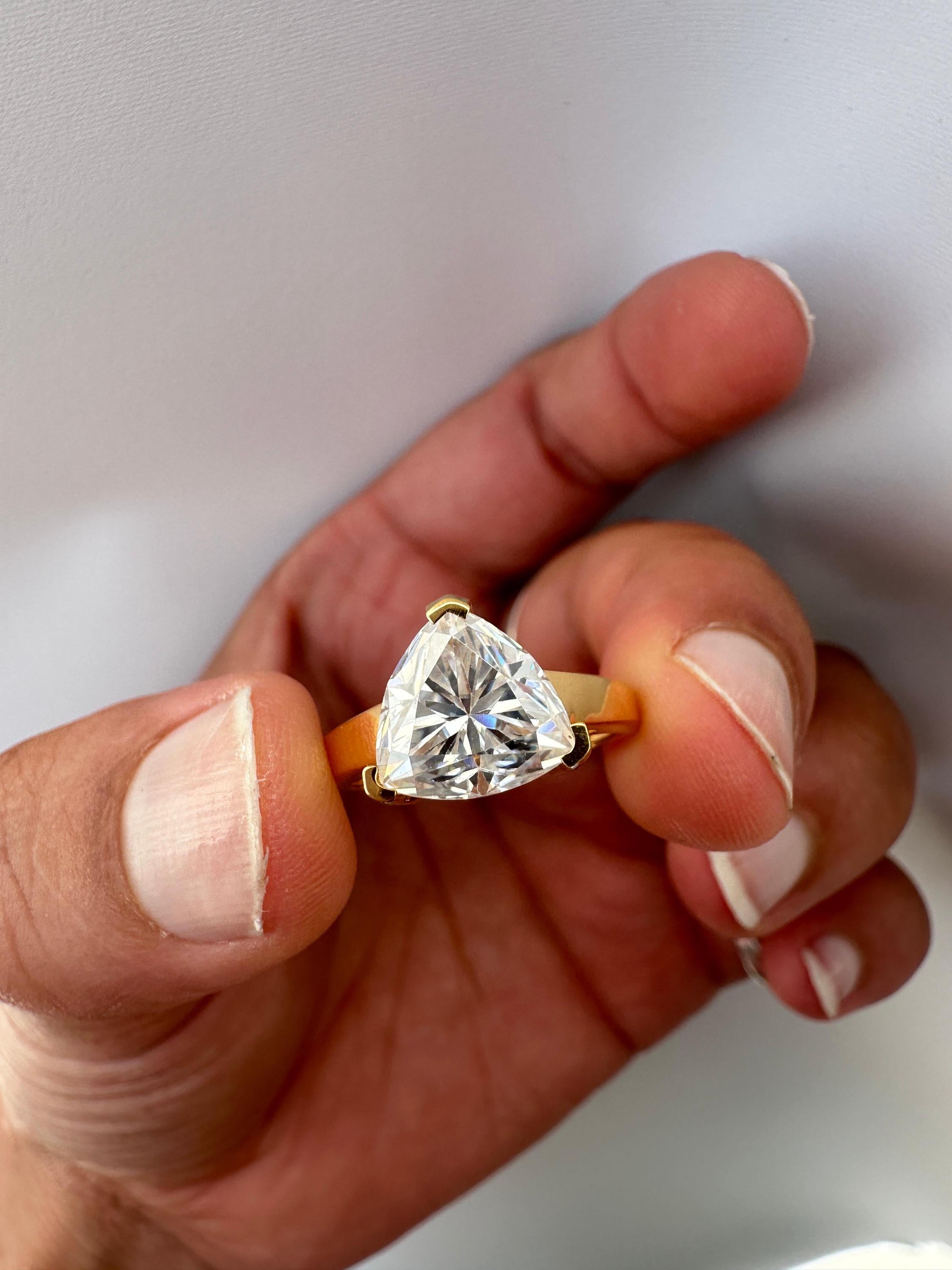 3 Carat Trillion Moissanite Engagement Ring, 14K Yellow Gold Modern Statement Ring