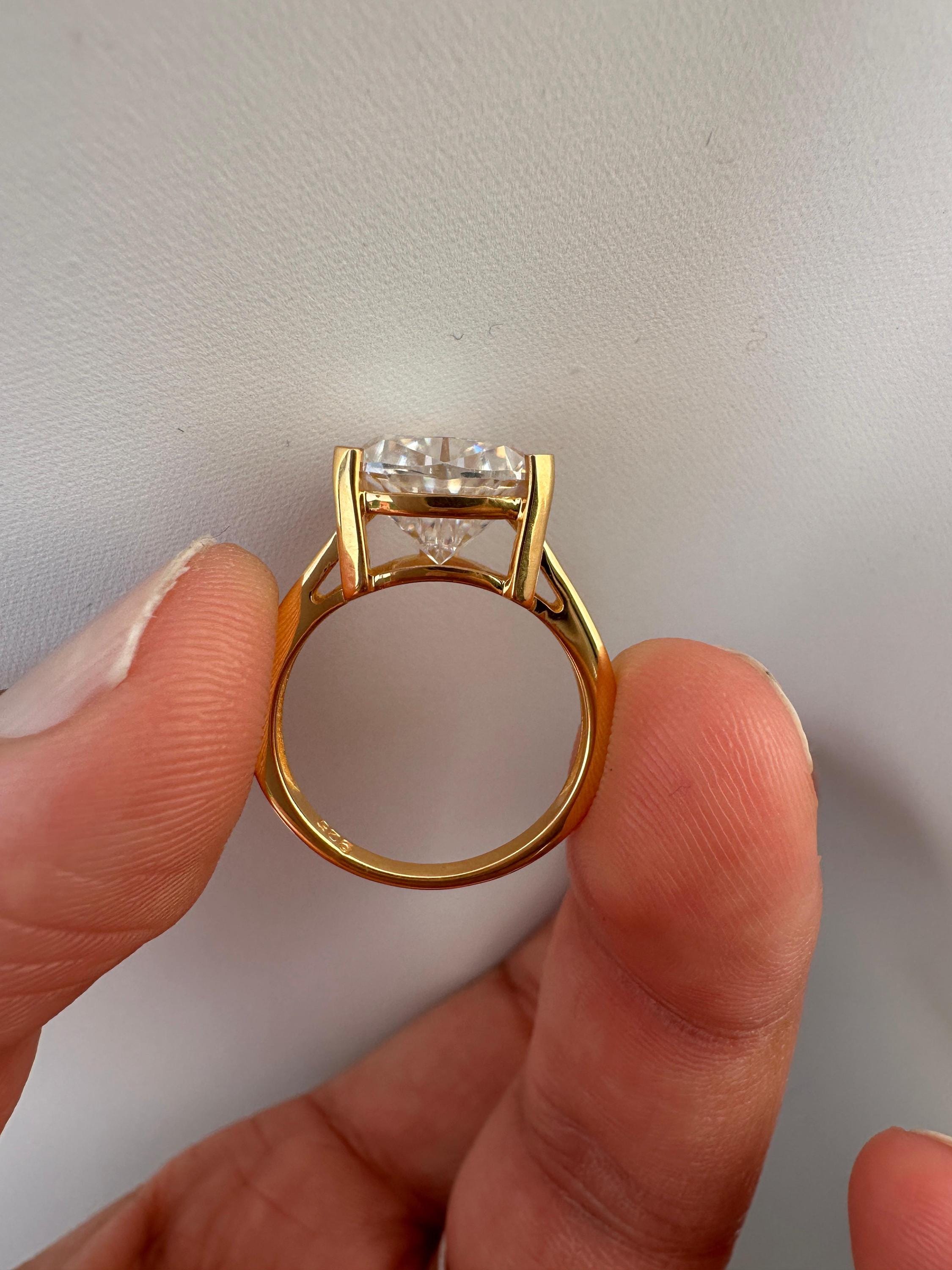 3 Carat Trillion Moissanite Engagement Ring, 14K Yellow Gold Modern Statement Ring