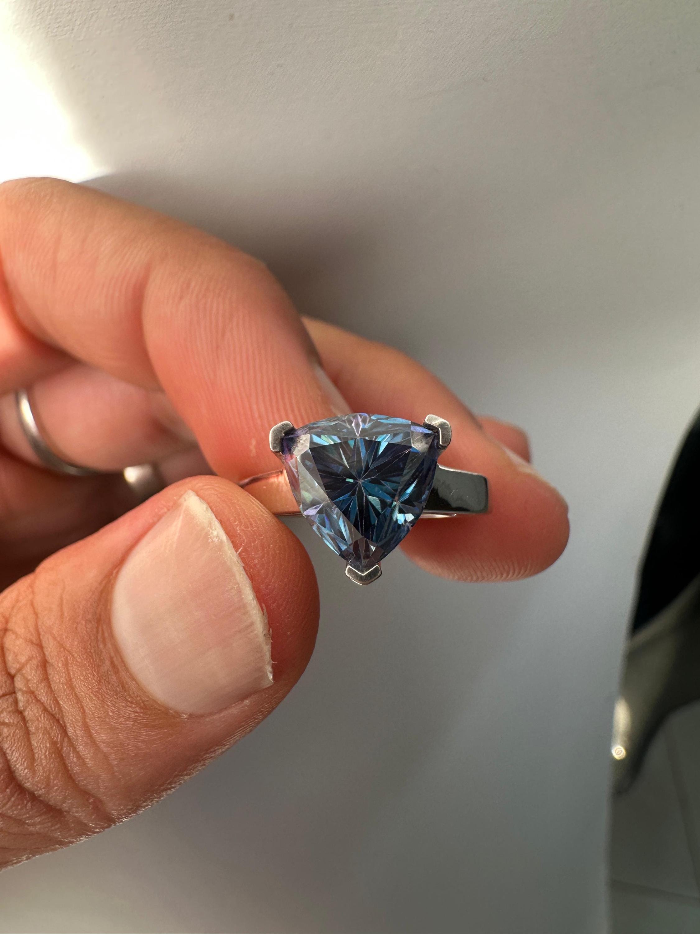 3 CT Blue Moissanite Trillion Cut Ring, 925 Sterling Silver Statement Solitaire Jewelry