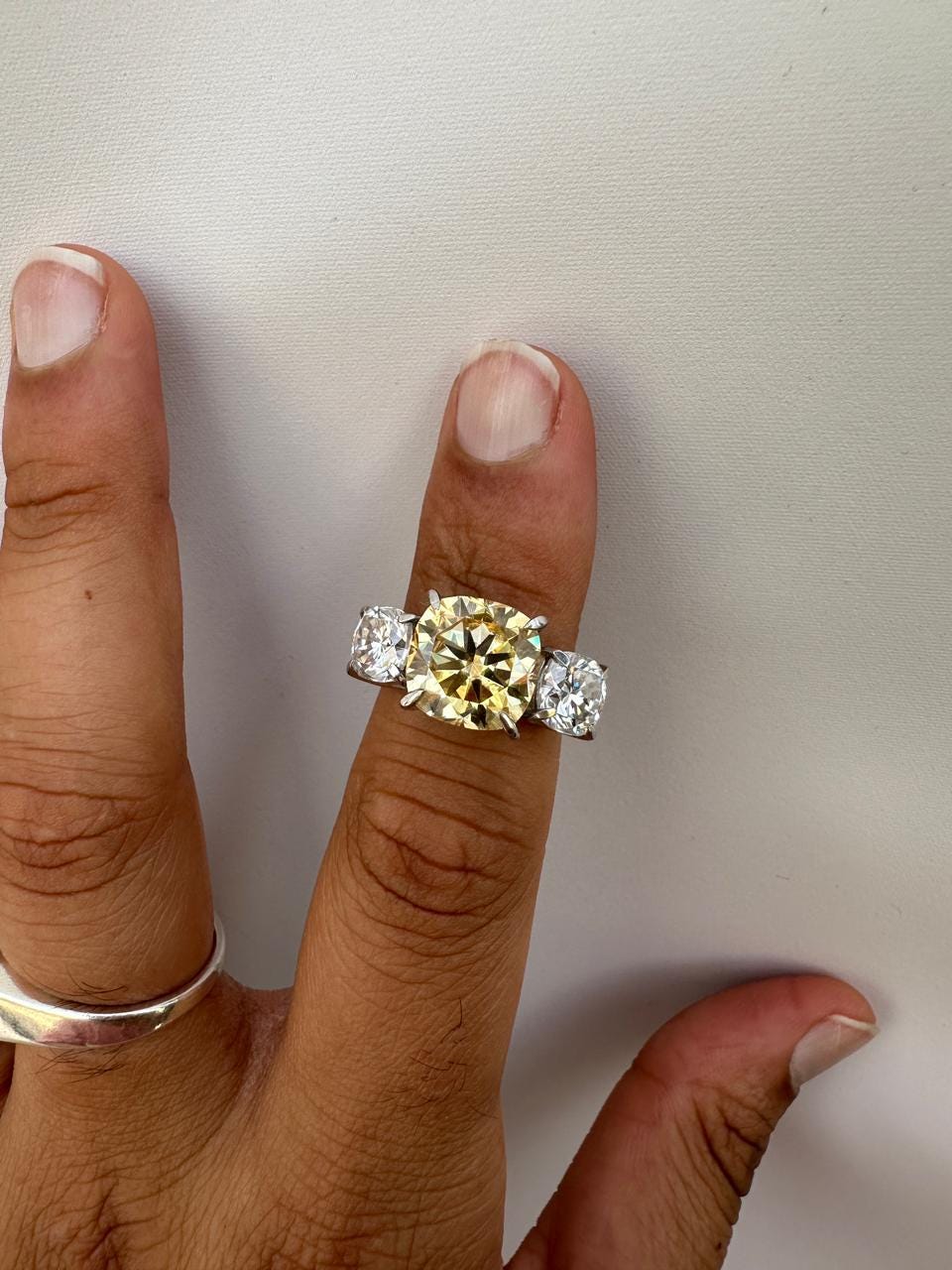 Canary Yellow Cushion Cut Moissanite Sterling Silver Ring | Three Stone Engagement Band