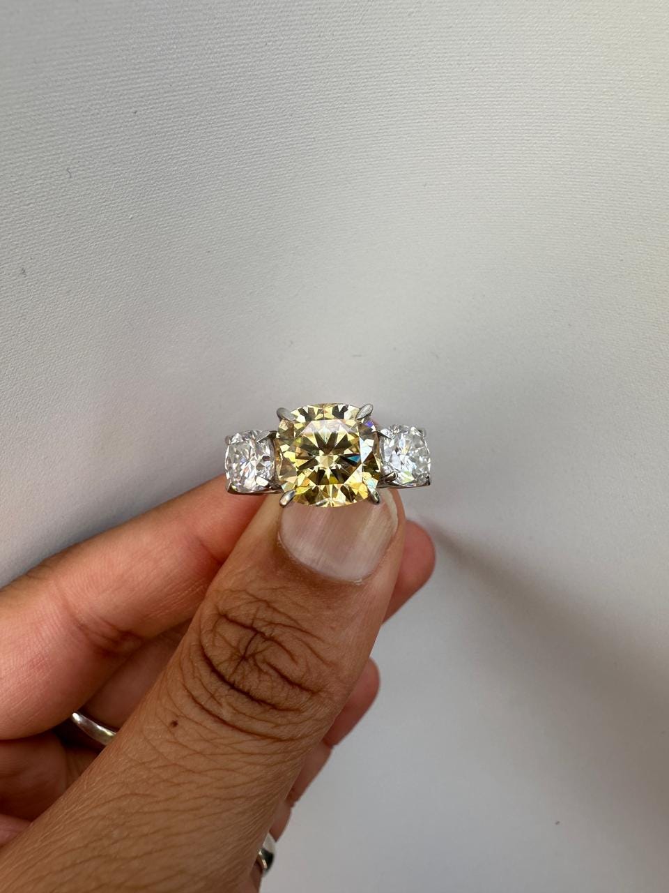 Canary Yellow Cushion Cut Moissanite Sterling Silver Ring | Three Stone Engagement Band