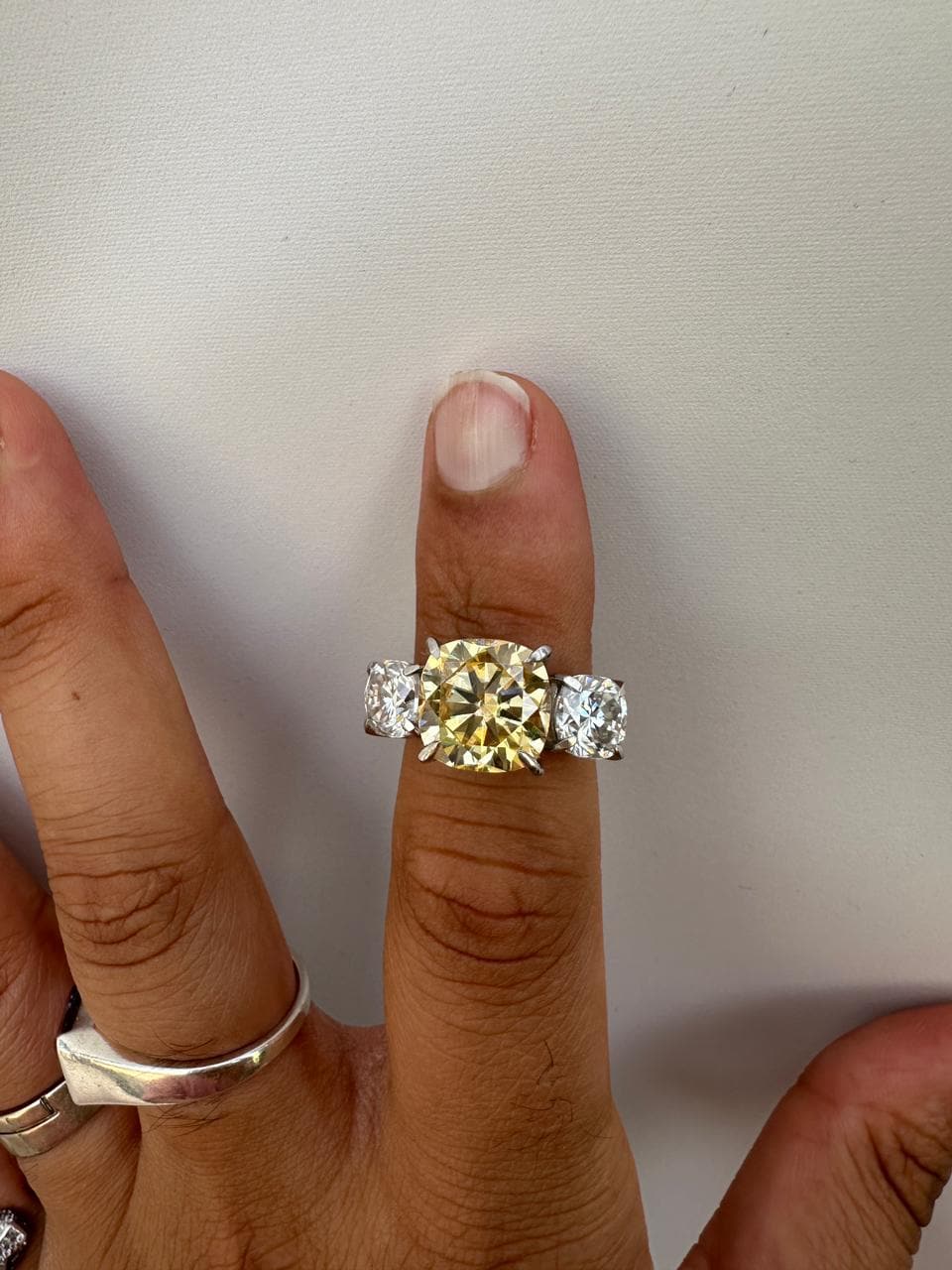 Canary Yellow Cushion Cut Moissanite Sterling Silver Ring | Three Stone Engagement Band