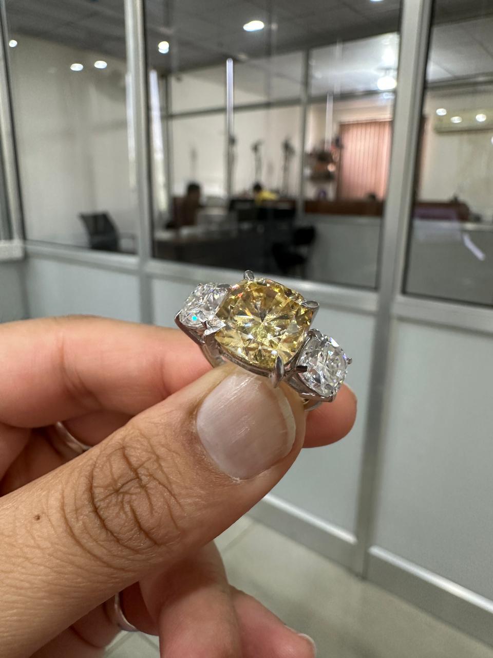 Canary Yellow Cushion Cut Moissanite Sterling Silver Ring | Three Stone Engagement Band