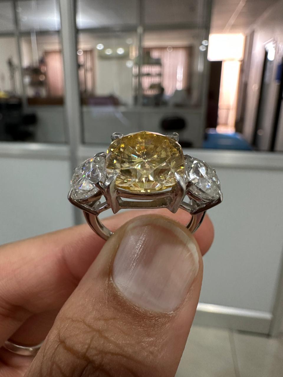 Canary Yellow Cushion Cut Moissanite Sterling Silver Ring | Three Stone Engagement Band