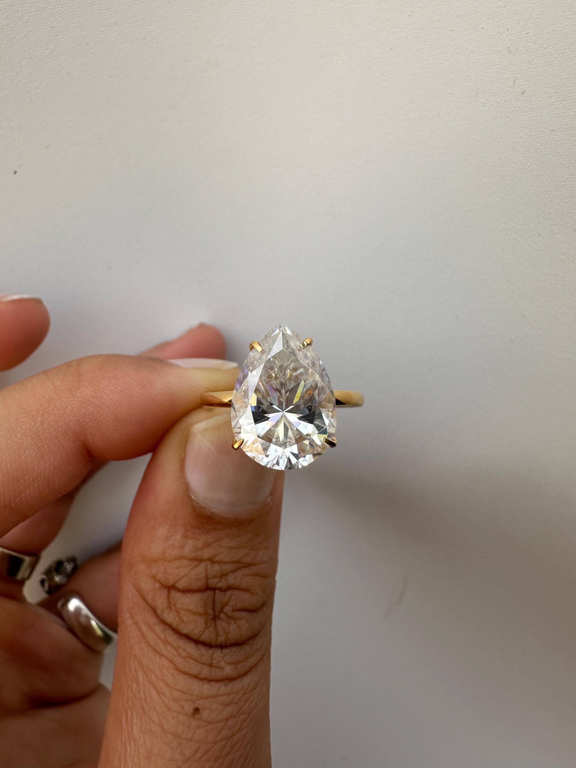 6 Carat Pear Moissanite Engagement Ring | 14K Yellow Gold Solitaire with Hidden Halo