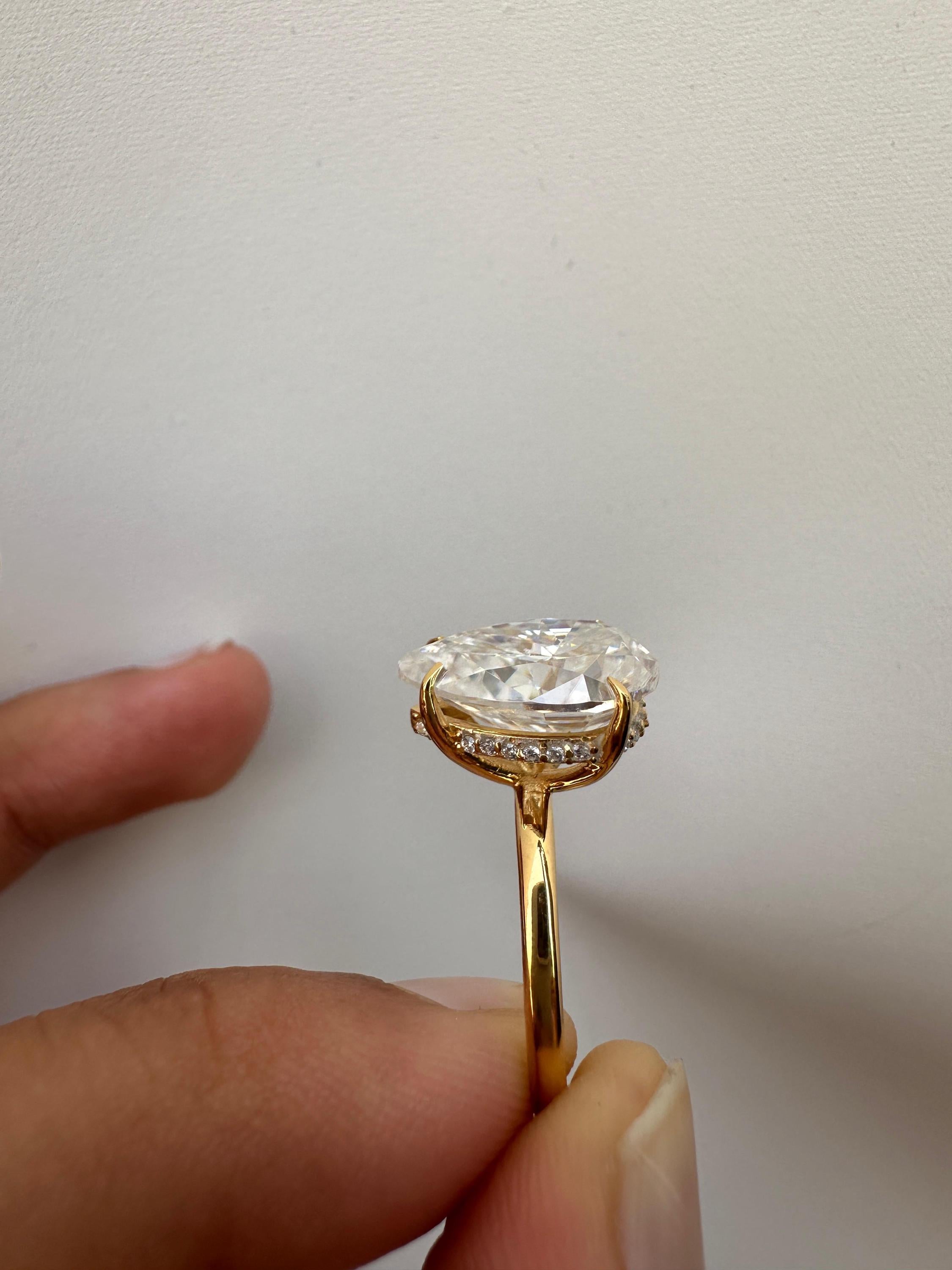 6 Carat Pear Moissanite Engagement Ring | 14K Yellow Gold Solitaire with Hidden Halo