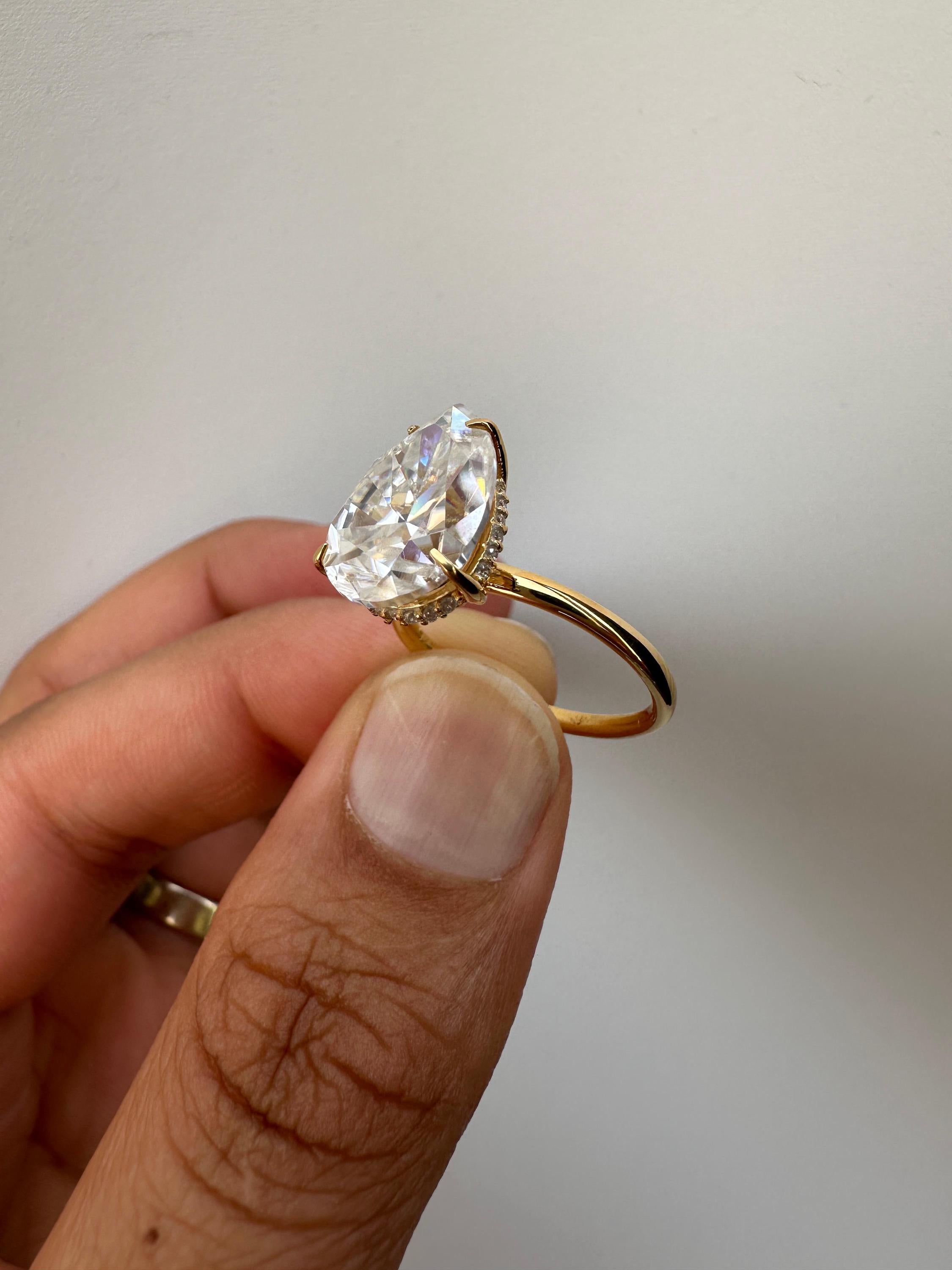 6 Carat Pear Moissanite Engagement Ring | 14K Yellow Gold Solitaire with Hidden Halo