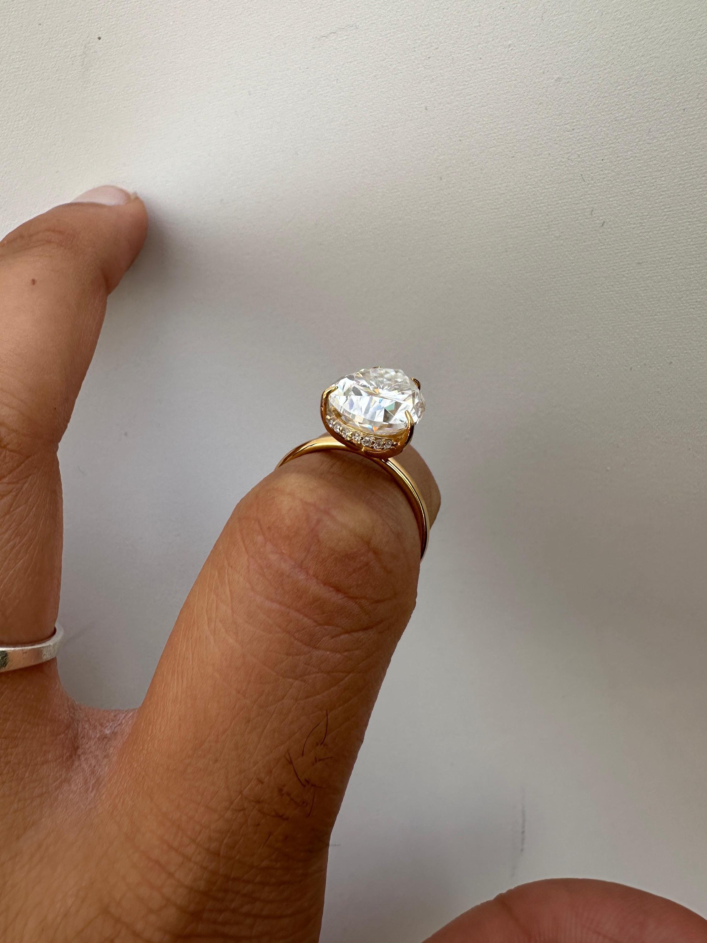 6 Carat Pear Moissanite Engagement Ring | 14K Yellow Gold Solitaire with Hidden Halo