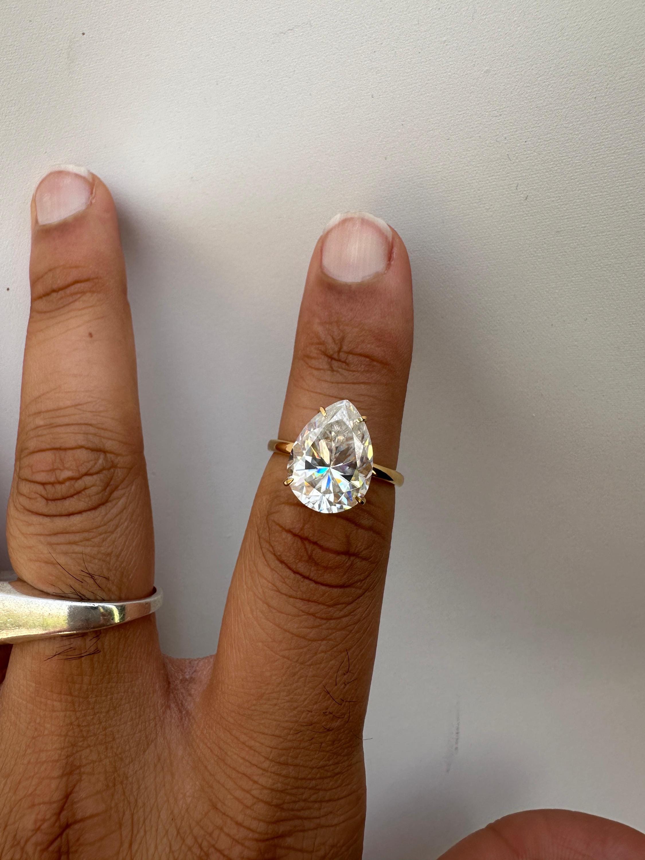 6 Carat Pear Moissanite Engagement Ring | 14K Yellow Gold Solitaire with Hidden Halo