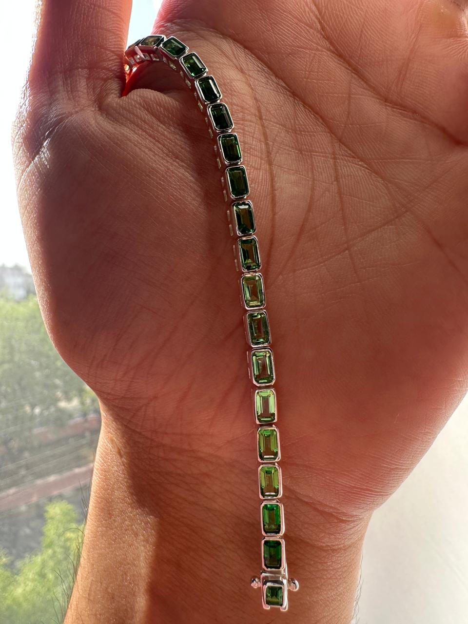 Men's Emerald Cut Tennis Bracelet, 925 Sterling Silver, Bezel Set, 12 CT Lab Emerald
