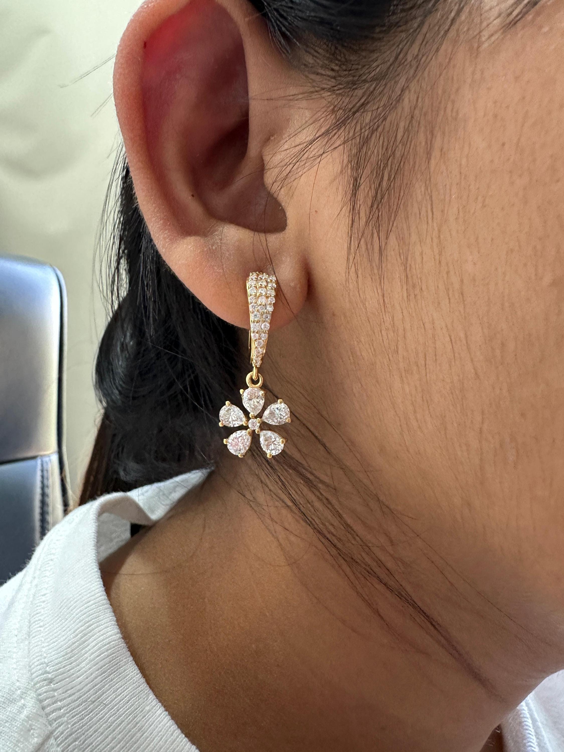 Luxury Moissanite Flower Hoop Drop Earrings, Unique Pear Cut Bridal Jewelry