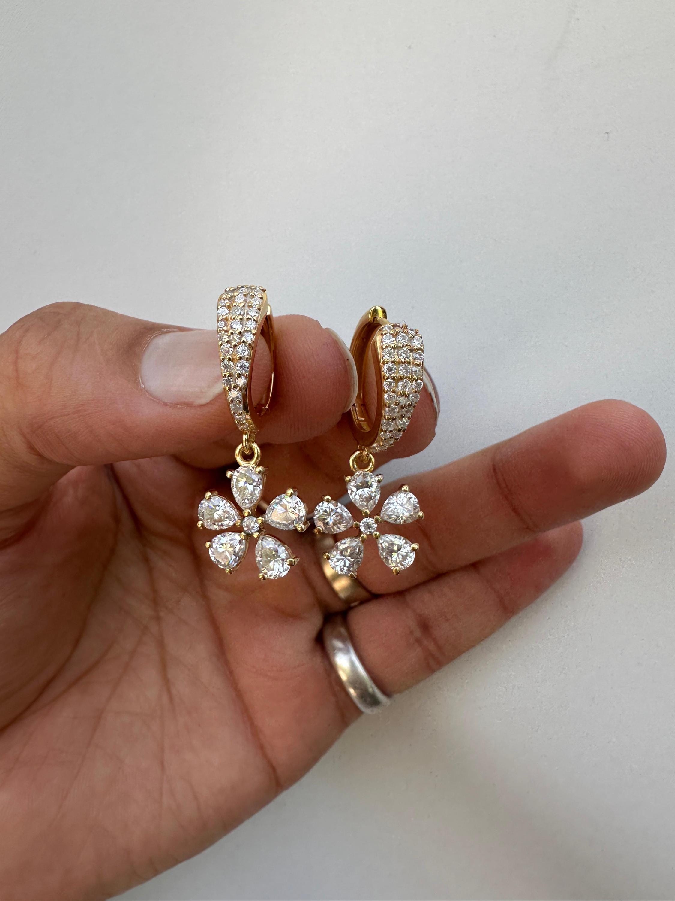 Luxury Moissanite Flower Hoop Drop Earrings, Unique Pear Cut Bridal Jewelry
