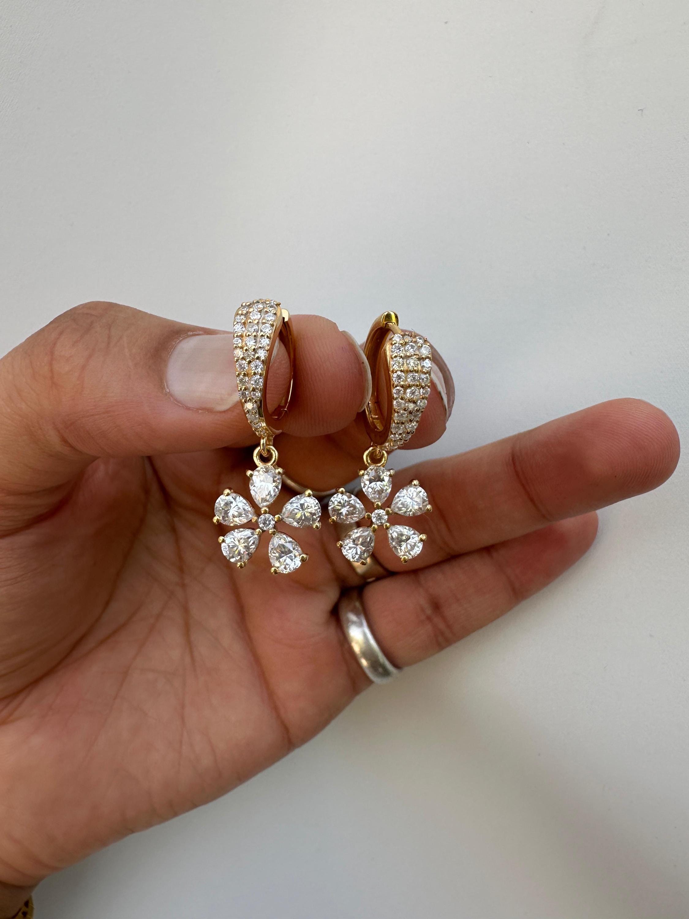 Luxury Moissanite Flower Hoop Drop Earrings, Unique Pear Cut Bridal Jewelry