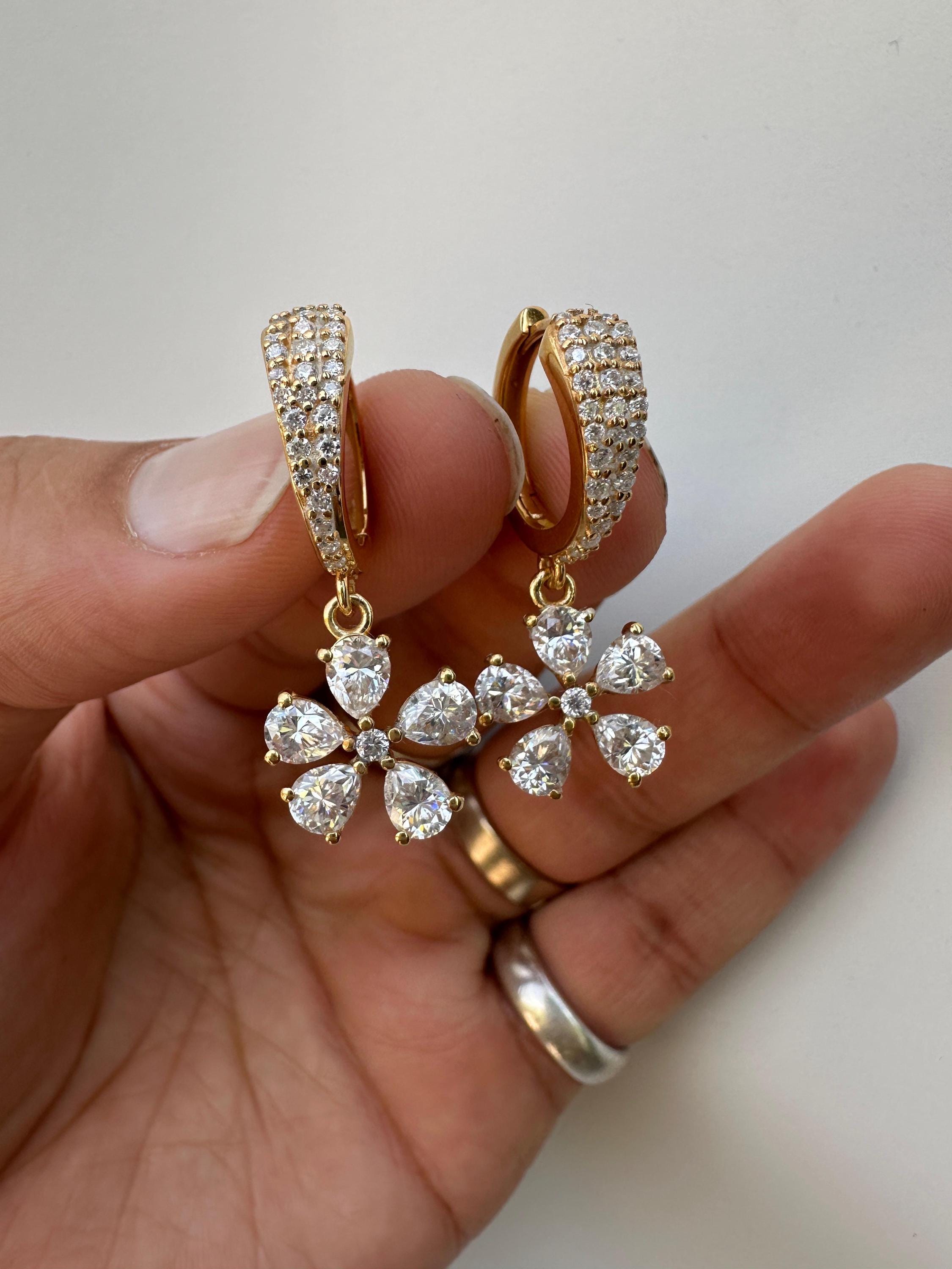 Luxury Moissanite Flower Hoop Drop Earrings, Unique Pear Cut Bridal Jewelry
