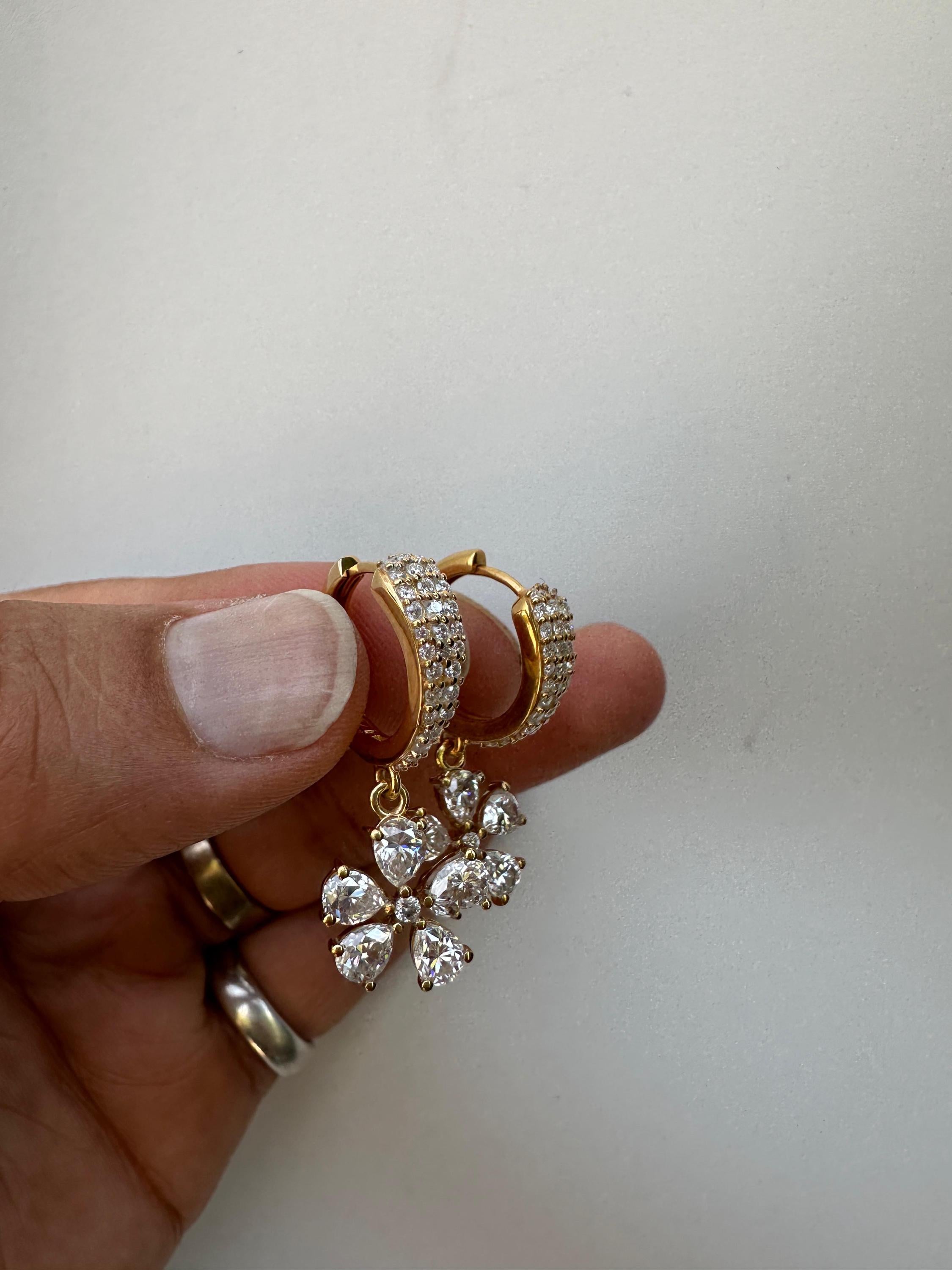 Luxury Moissanite Flower Hoop Drop Earrings, Unique Pear Cut Bridal Jewelry