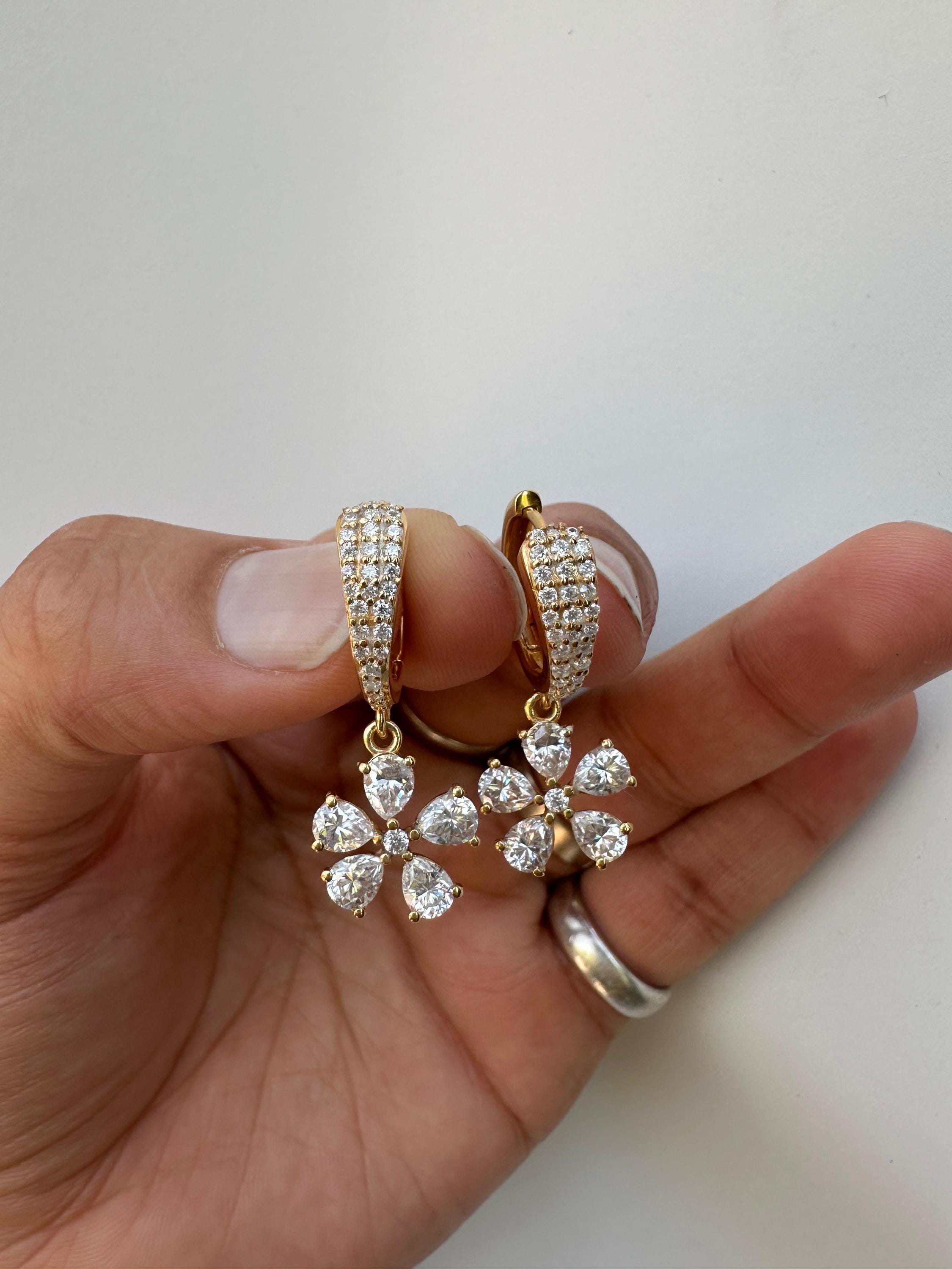 Luxury Moissanite Flower Hoop Drop Earrings, Unique Pear Cut Bridal Jewelry