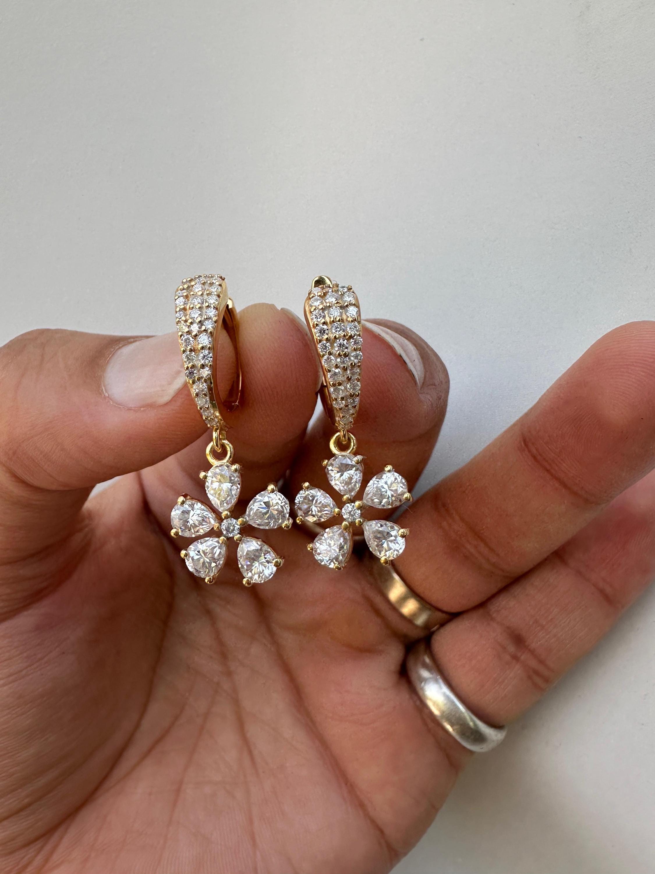 Luxury Moissanite Flower Hoop Drop Earrings, Unique Pear Cut Bridal Jewelry