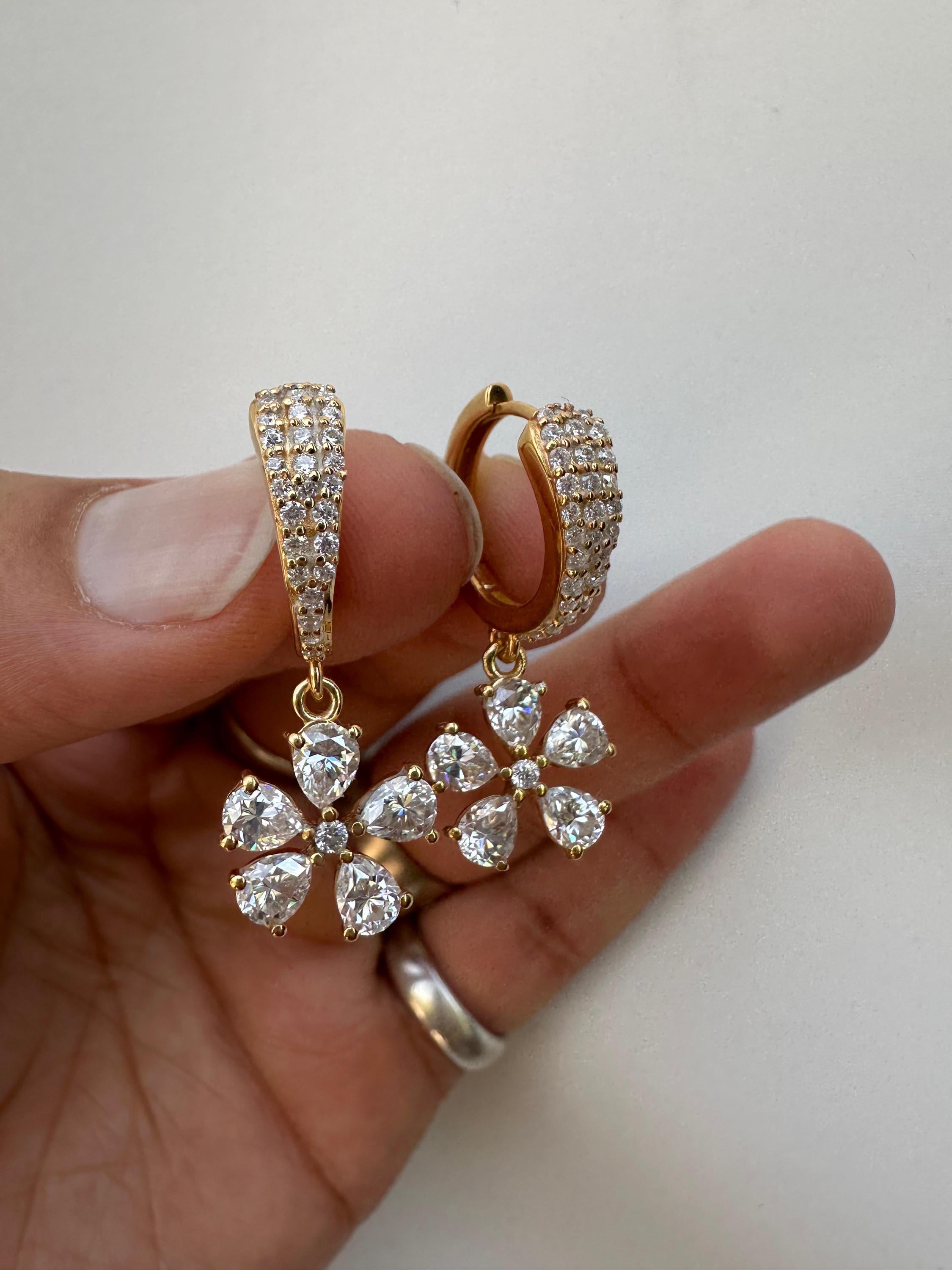 Luxury Moissanite Flower Hoop Drop Earrings, Unique Pear Cut Bridal Jewelry