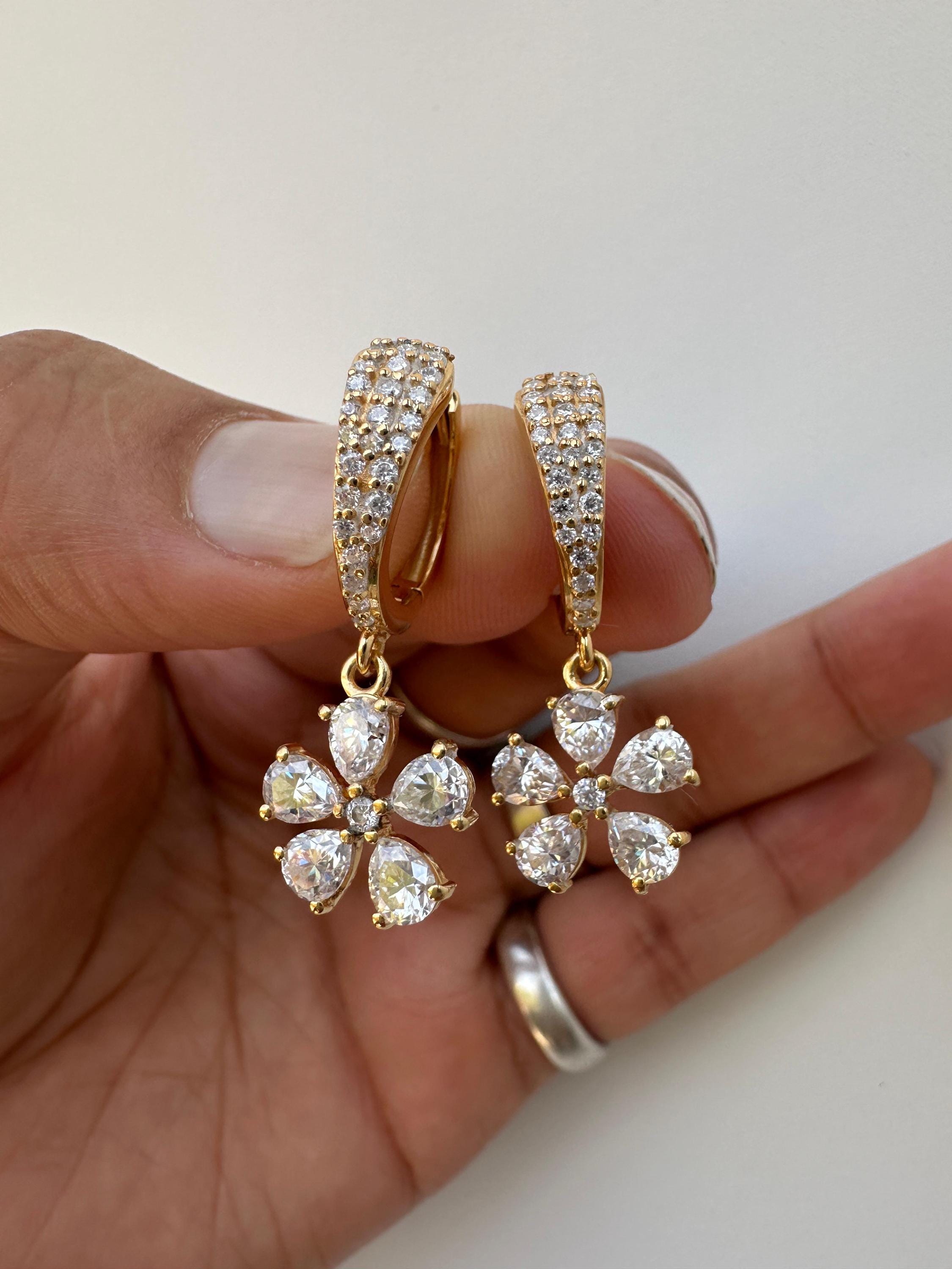 Luxury Moissanite Flower Hoop Drop Earrings, Unique Pear Cut Bridal Jewelry