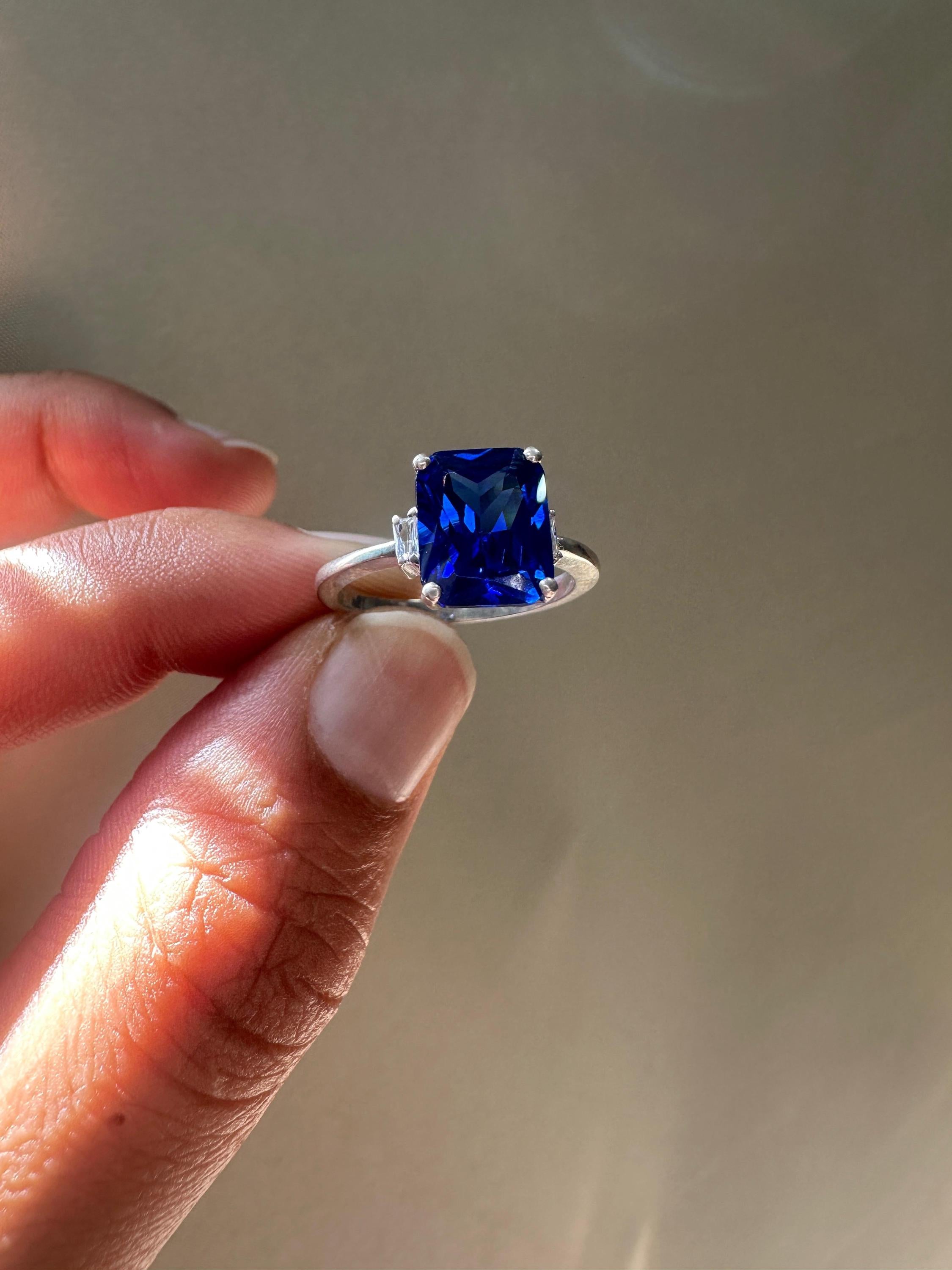 Emerald Cut Lab Sapphire Ring, Three Stone Baguette Moissanite, 14K White Gold Engagement Ring