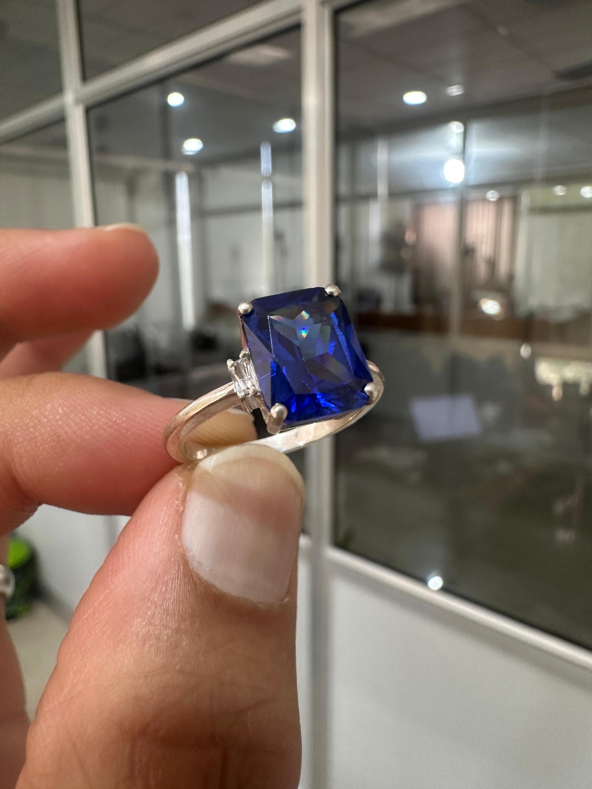 Emerald Cut Lab Sapphire Ring, Three Stone Baguette Moissanite, 14K White Gold Engagement Ring