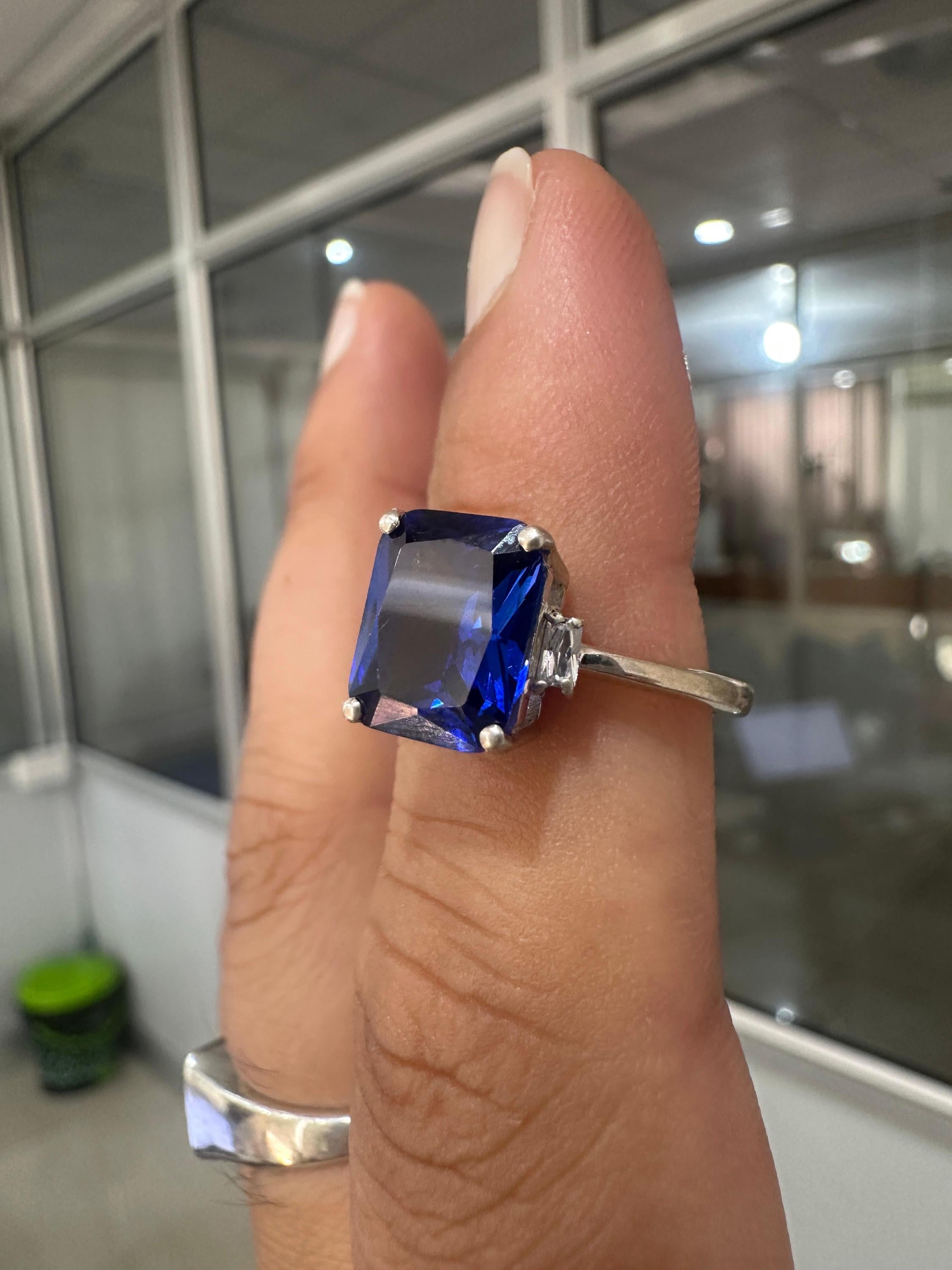Emerald Cut Lab Sapphire Ring, Three Stone Baguette Moissanite, 14K White Gold Engagement Ring