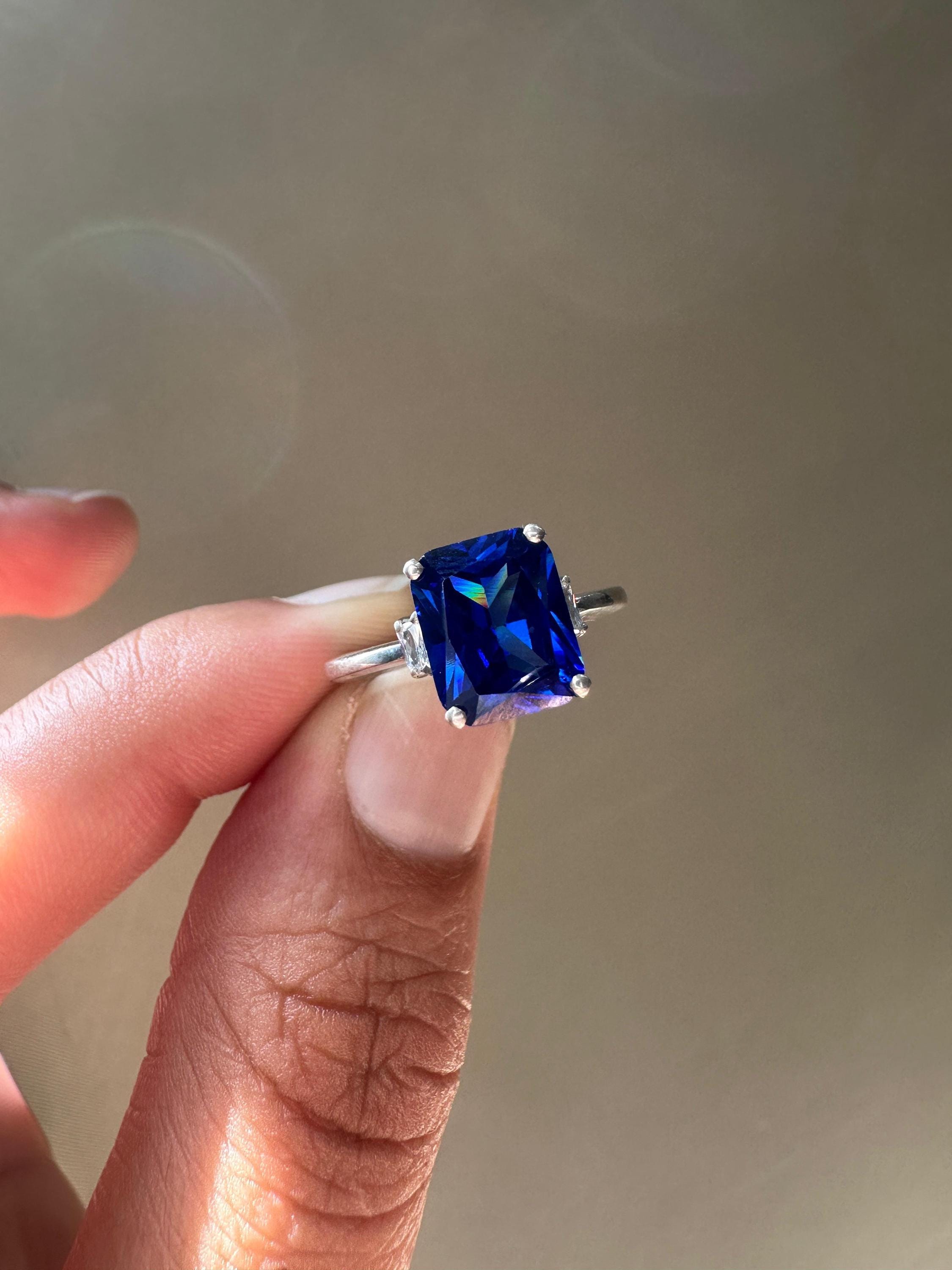Emerald Cut Lab Sapphire Ring, Three Stone Baguette Moissanite, 14K White Gold Engagement Ring