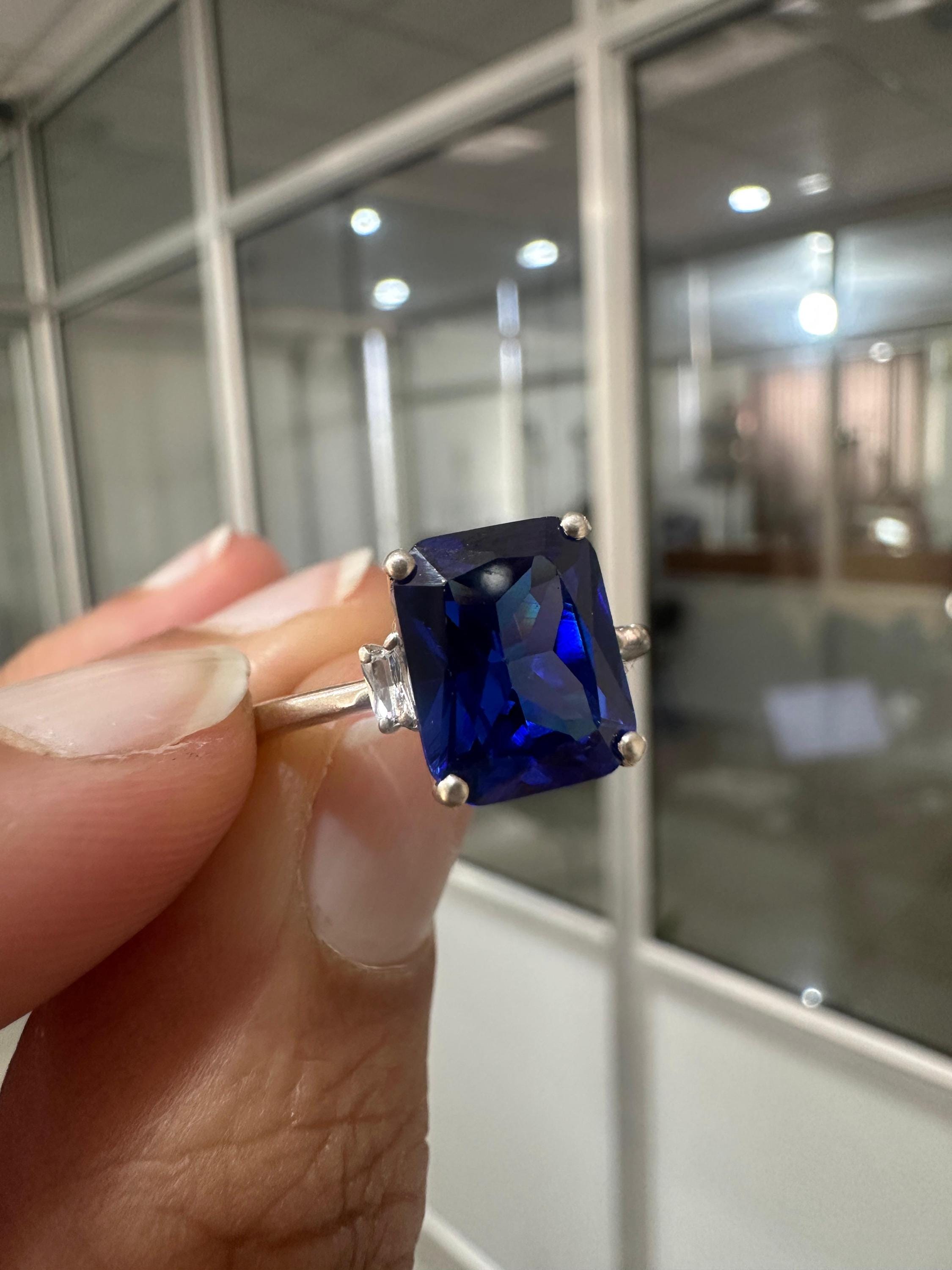 Emerald Cut Lab Sapphire Ring, Three Stone Baguette Moissanite, 14K White Gold Engagement Ring